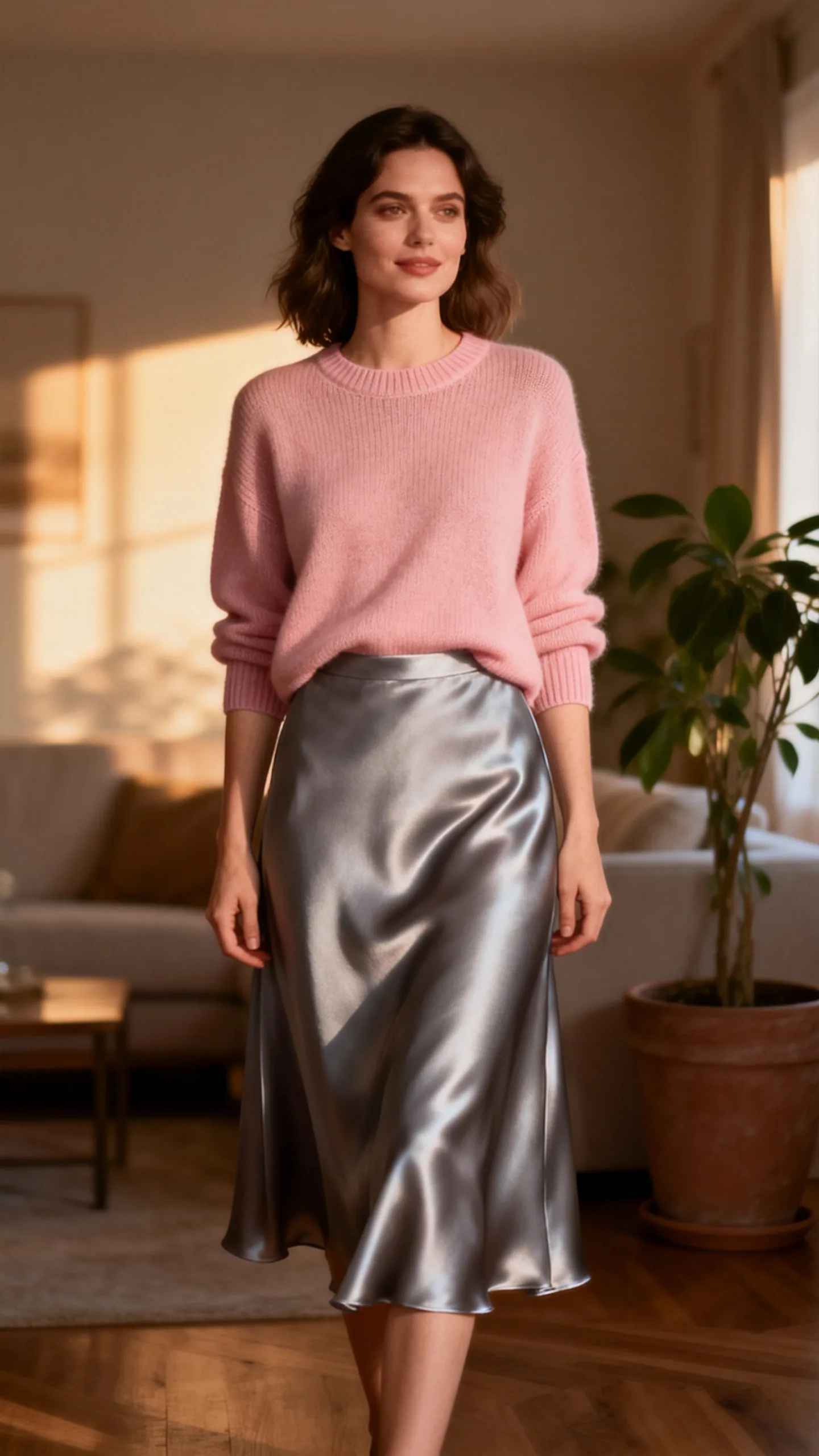 Satin Midi Skirt With A Fine Knit