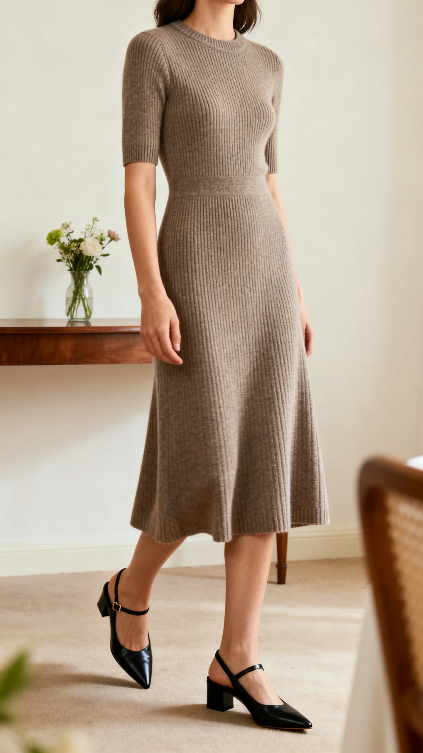 Knit Midi Dress With Slingbacks