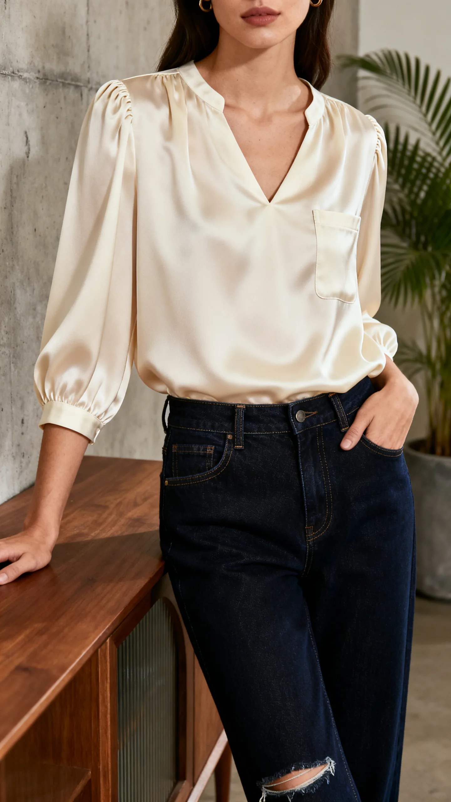 Ivory Blouse With Dark Straight Jeans