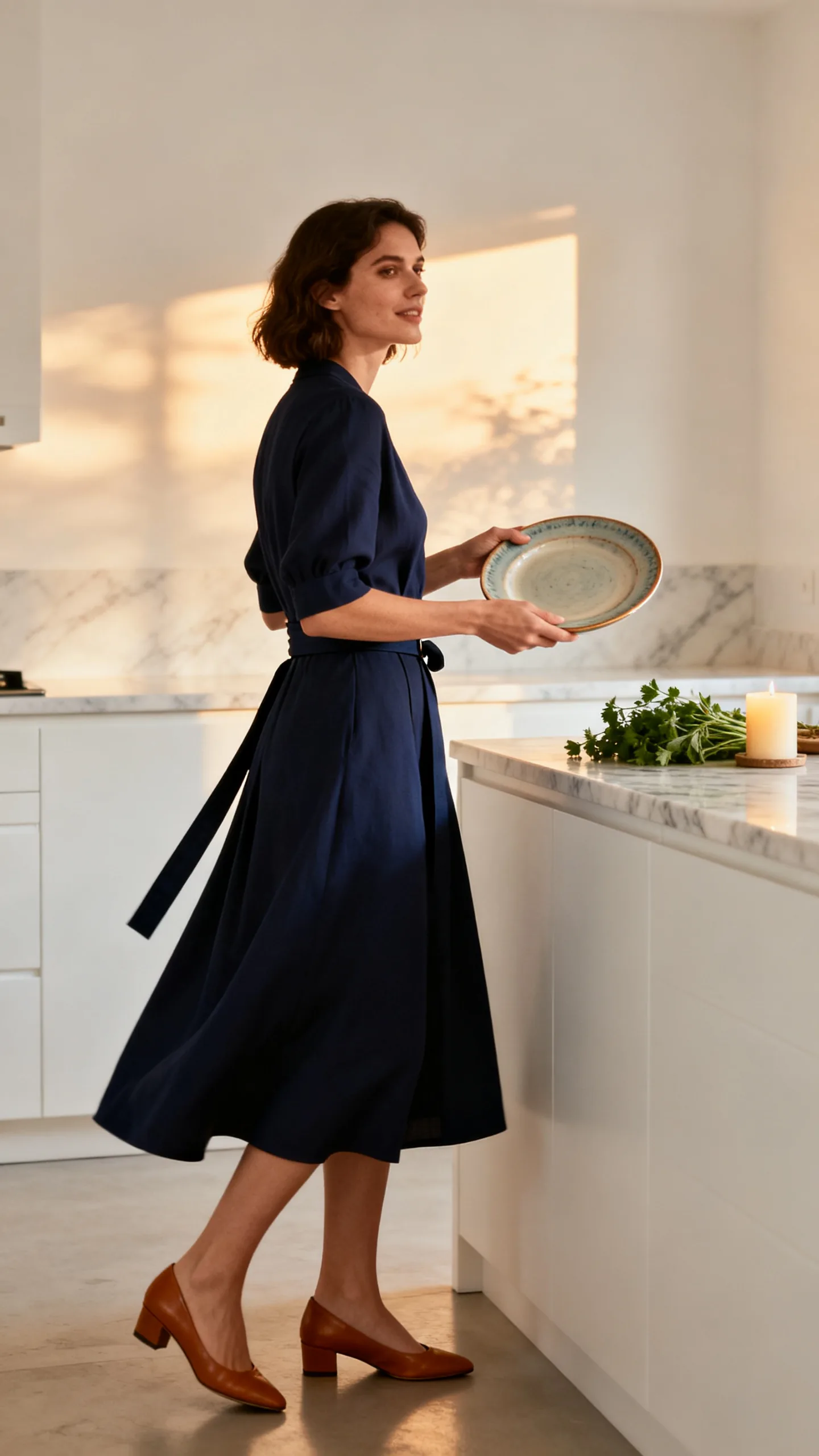 Belted Midi Dress With Low Heels