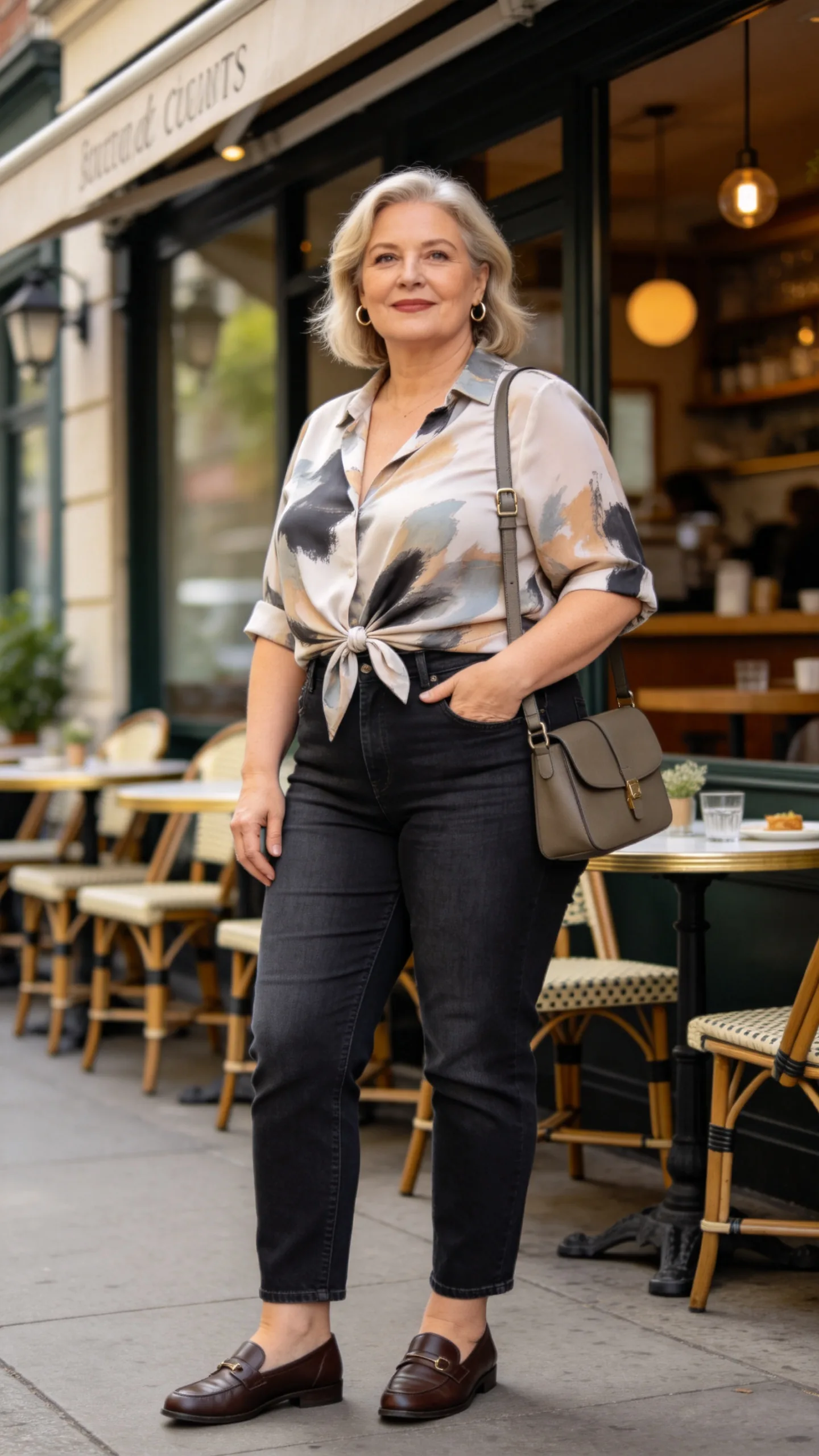 1. Dark Straight-Leg Jeans With a Printed Blouse