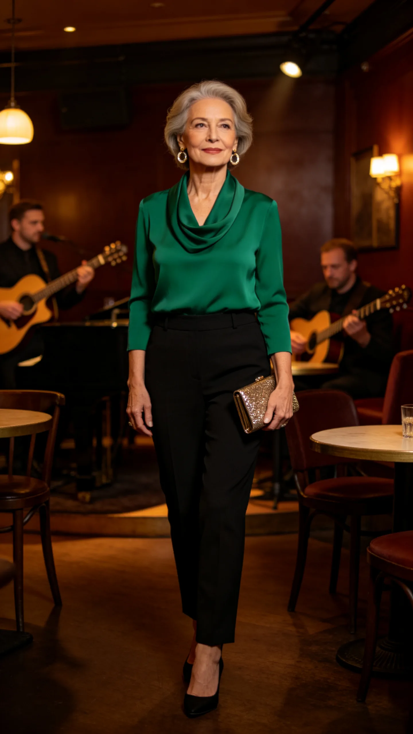 2. Black Trousers With a Draped Neckline Top
