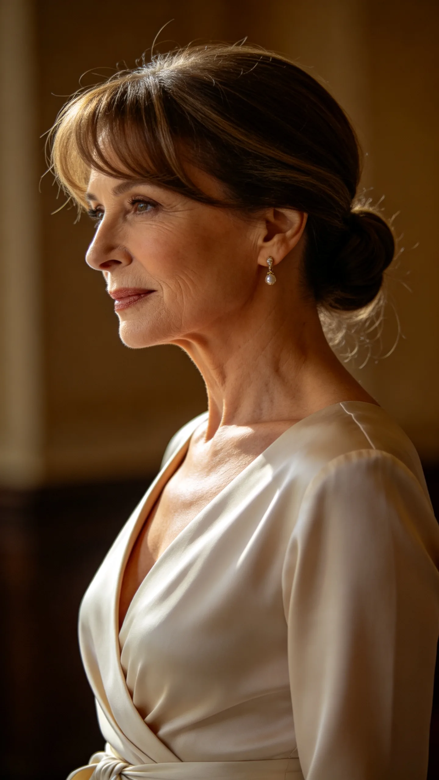 2. Low Chignon With Side-Swept Bangs