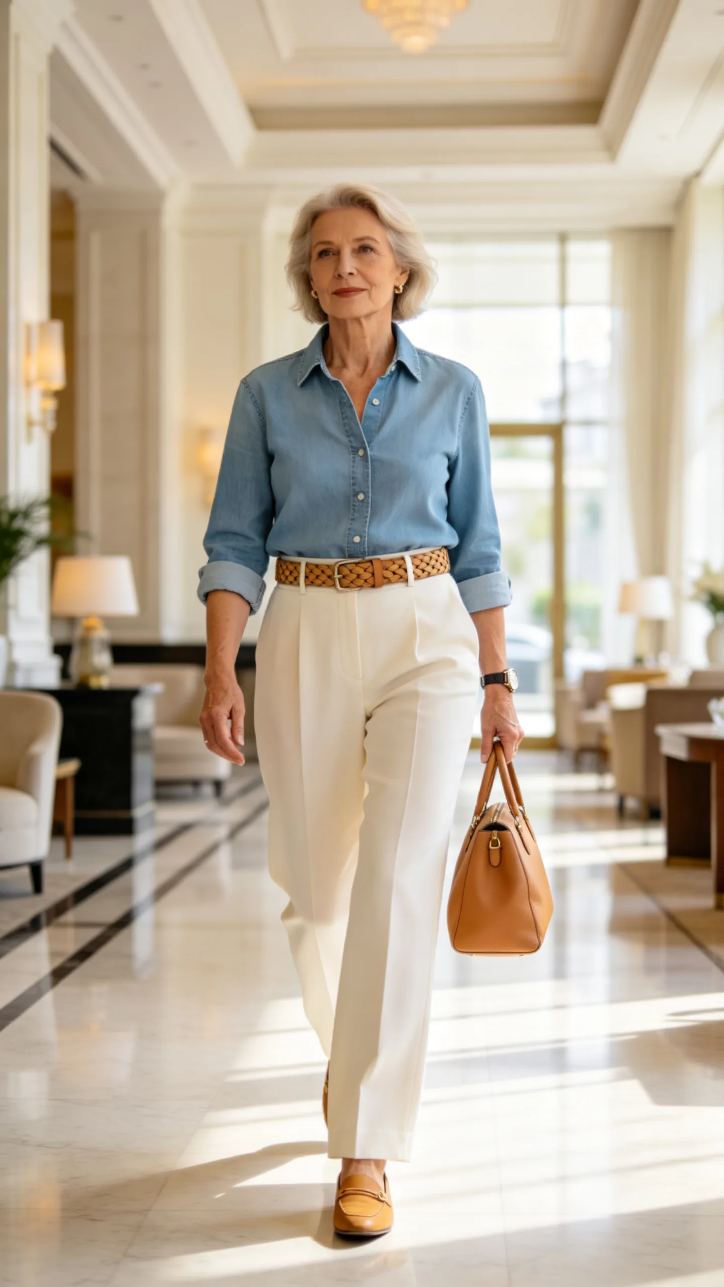 3. Denim Shirt With Tailored Cream Trousers