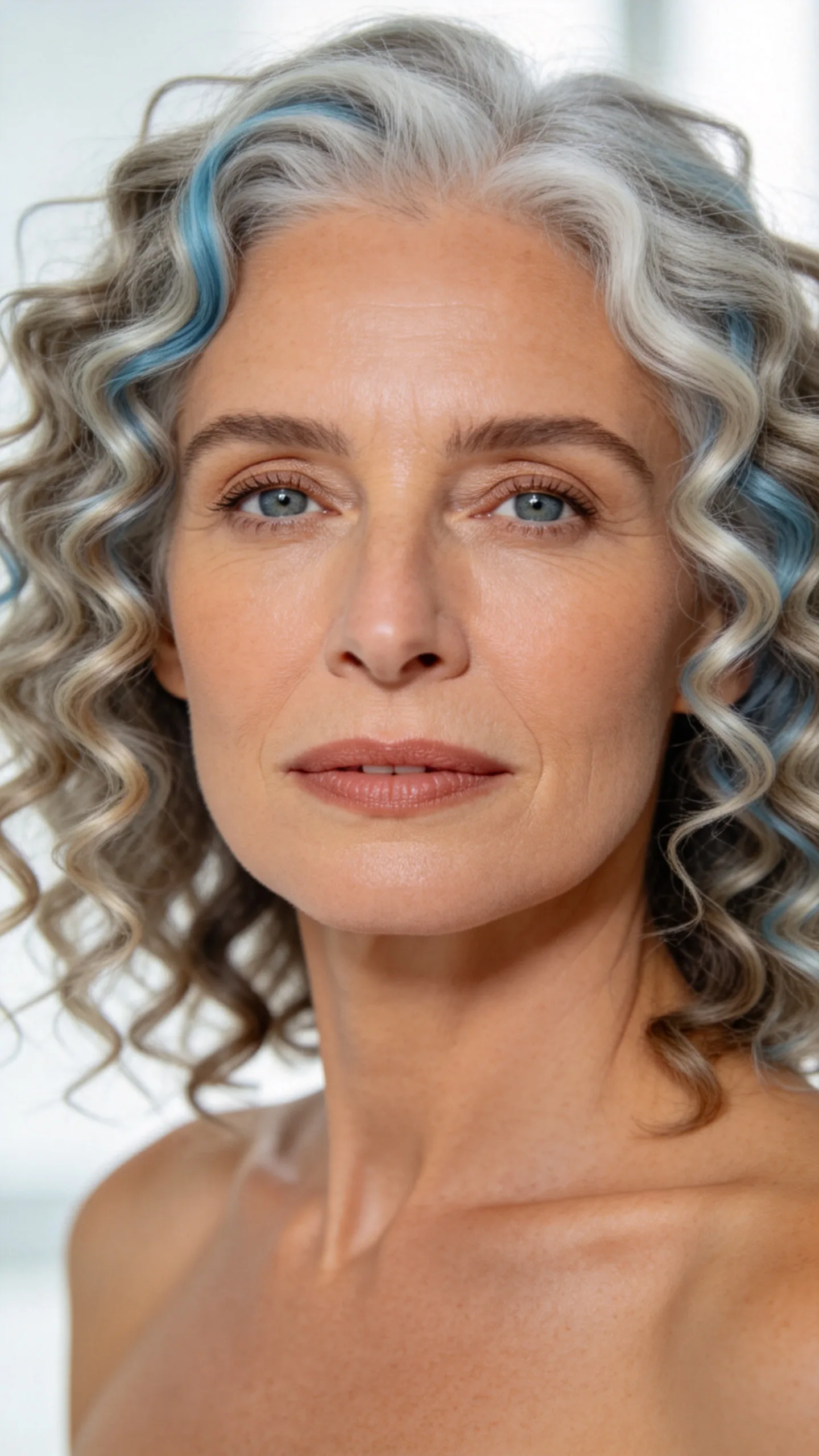 9. Cool Platinum Curls With Gray Root Blending