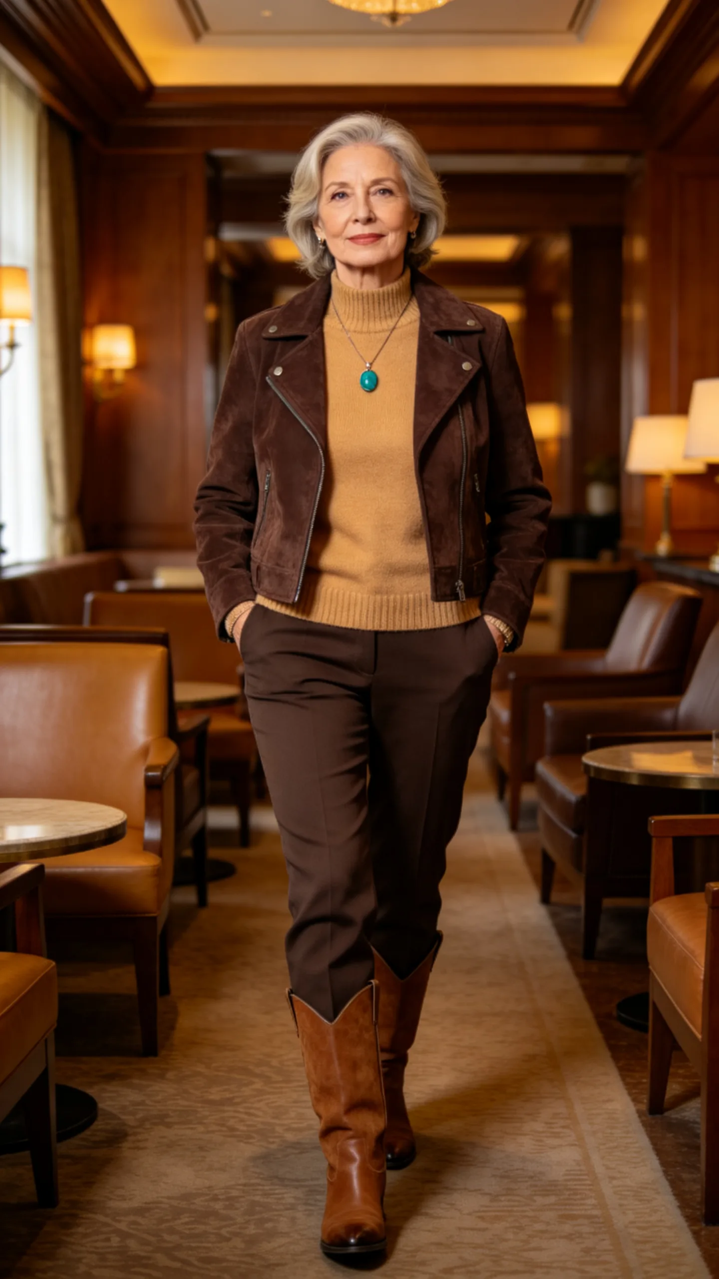 9. Tonal Brown Outfit With a Turquoise Accent