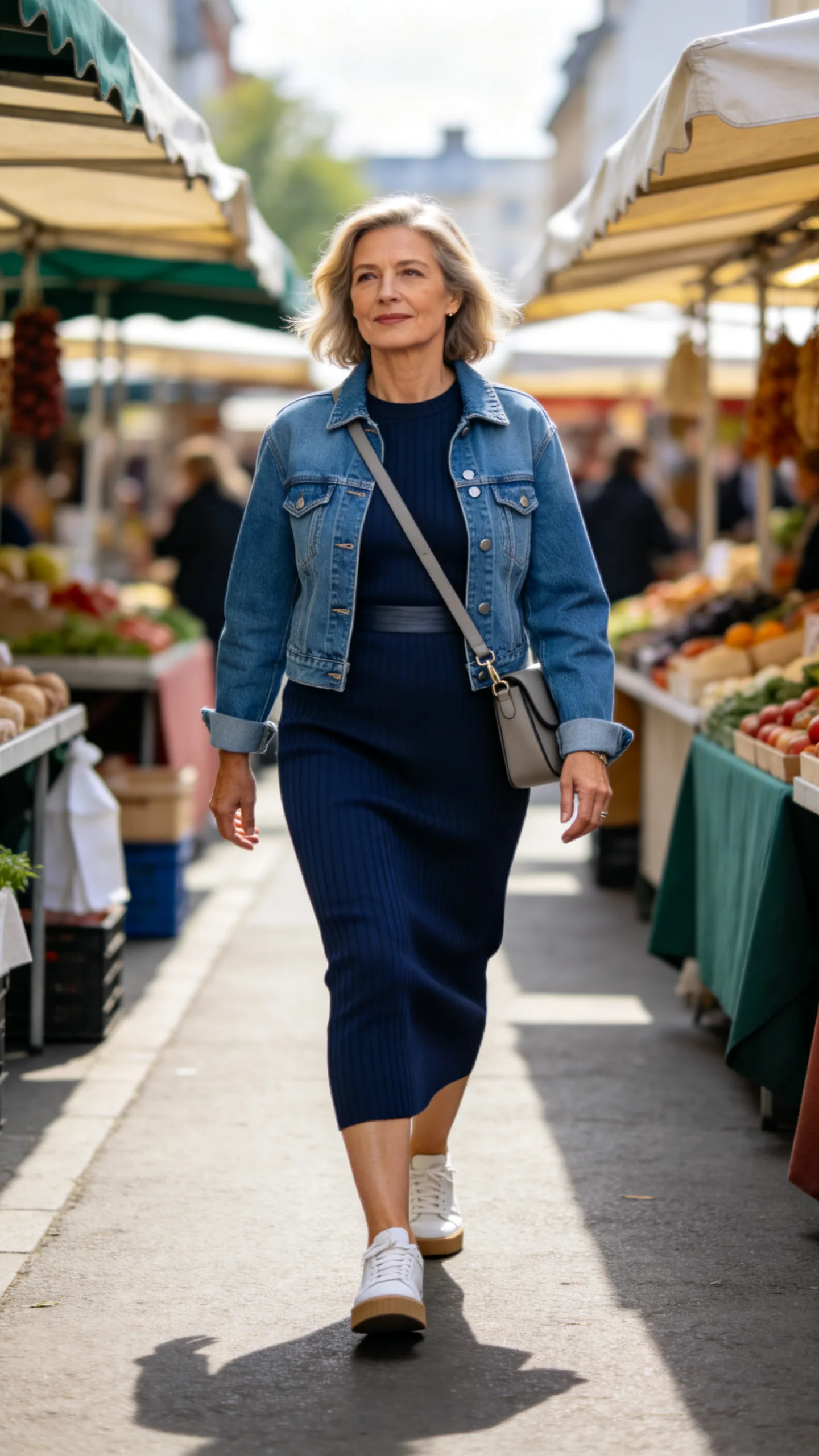 10. Knit Column Dress With a Denim Jacket