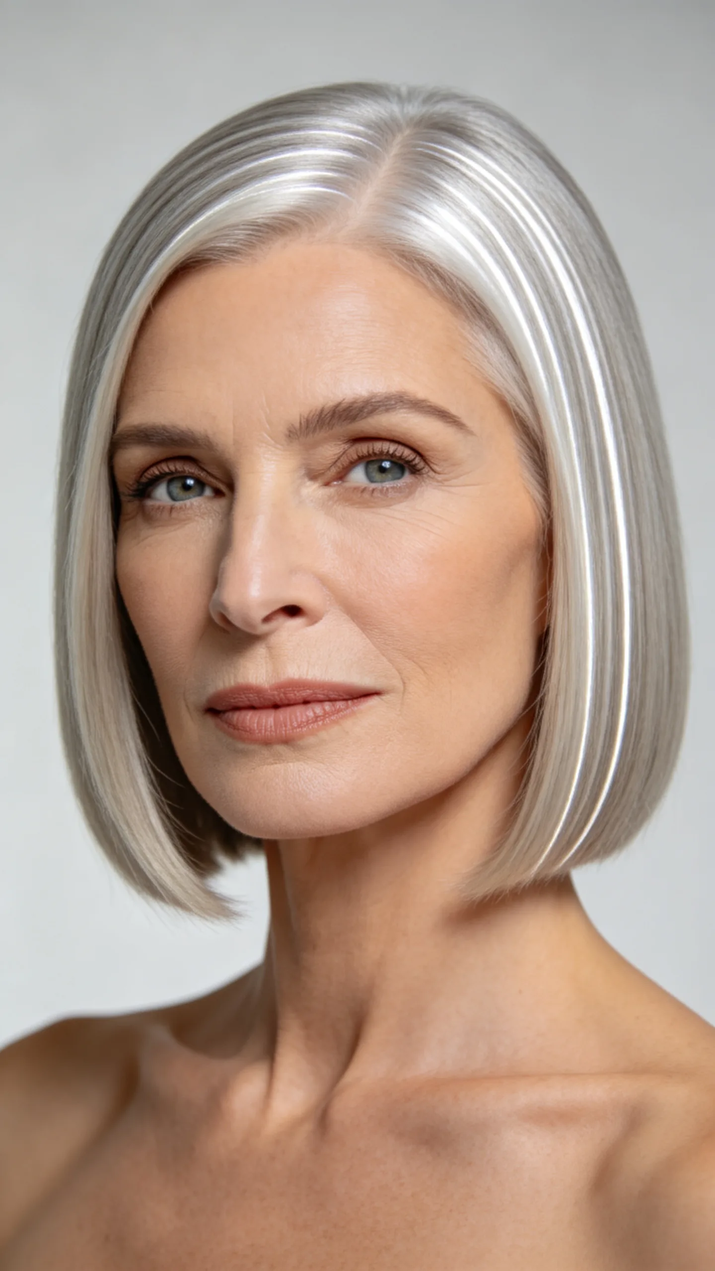 12. Sleek Platinum Blunt Bob With Silver Ribbons