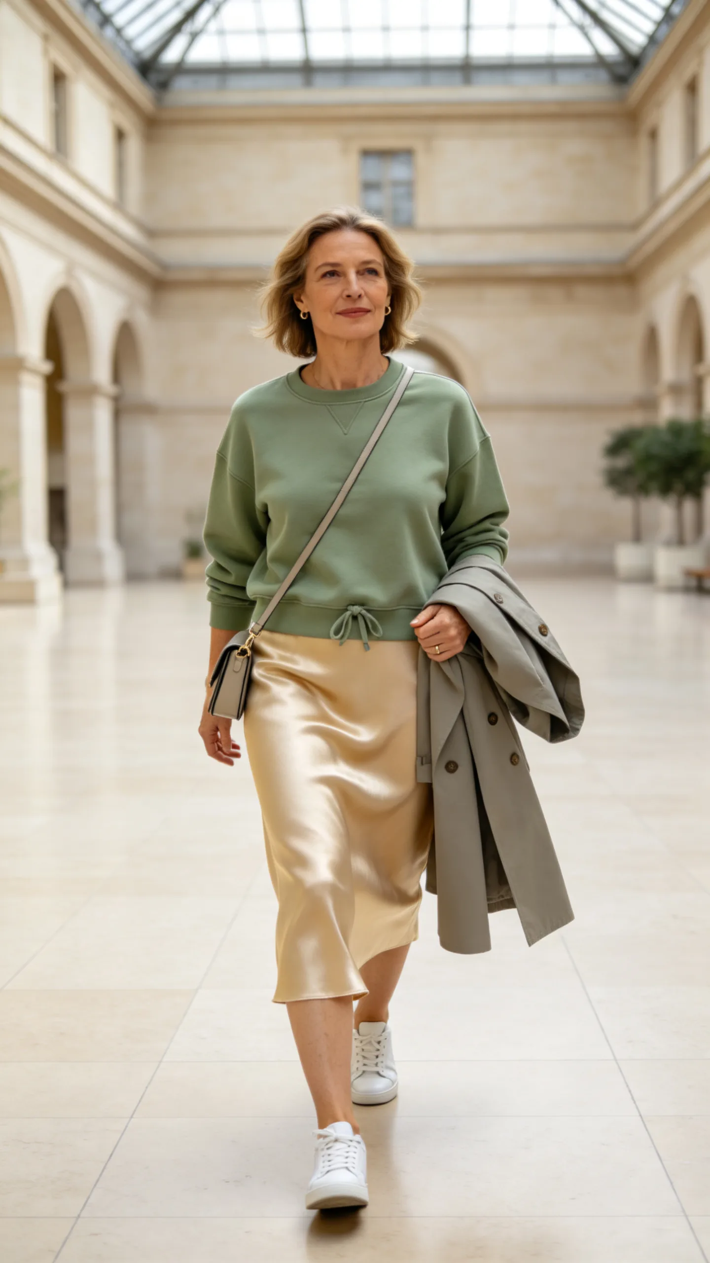 14. Satin Midi Skirt With a Casual Sweatshirt