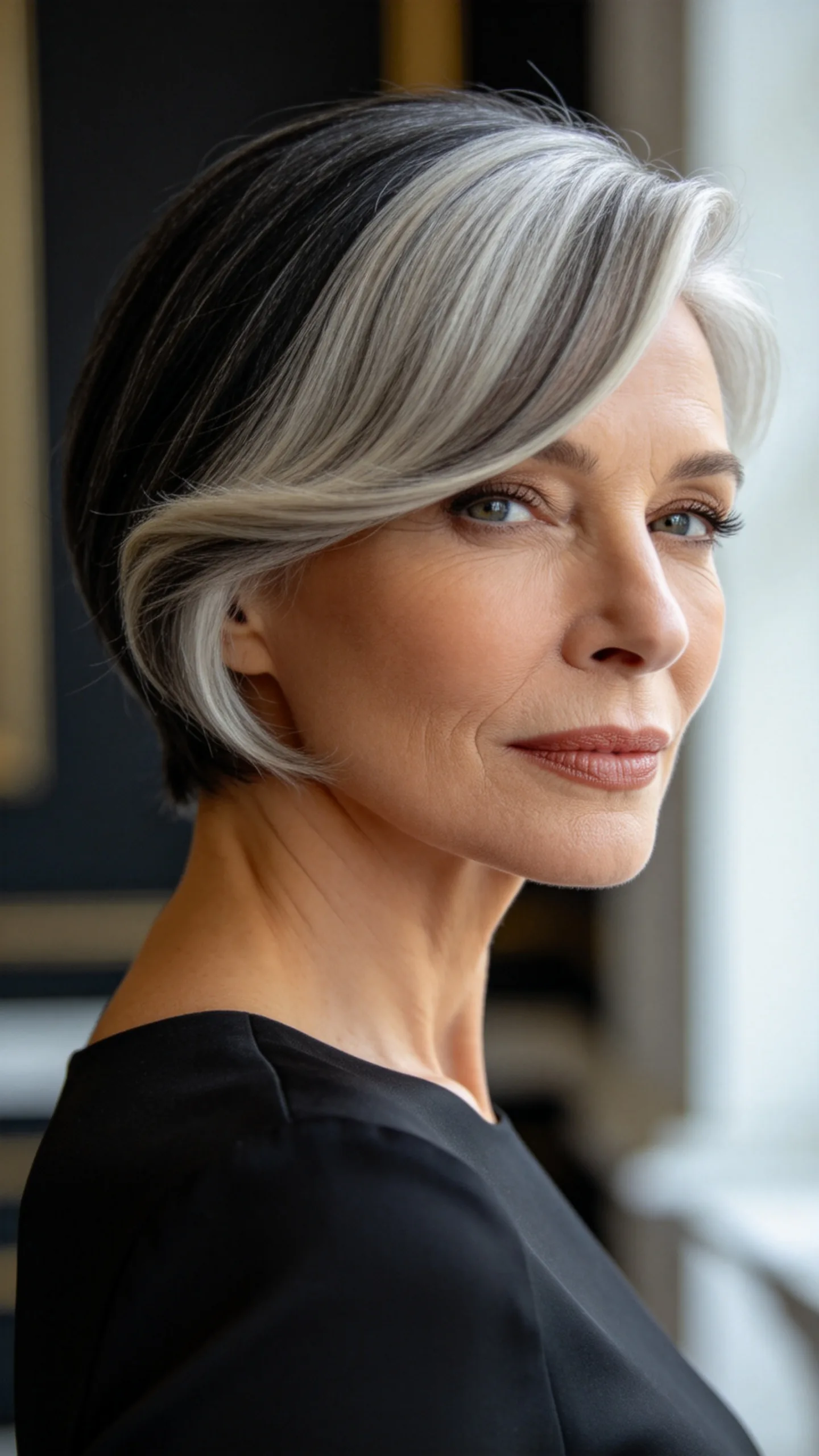 15. Salt-and-Pepper Pixie with Swooped Bangs