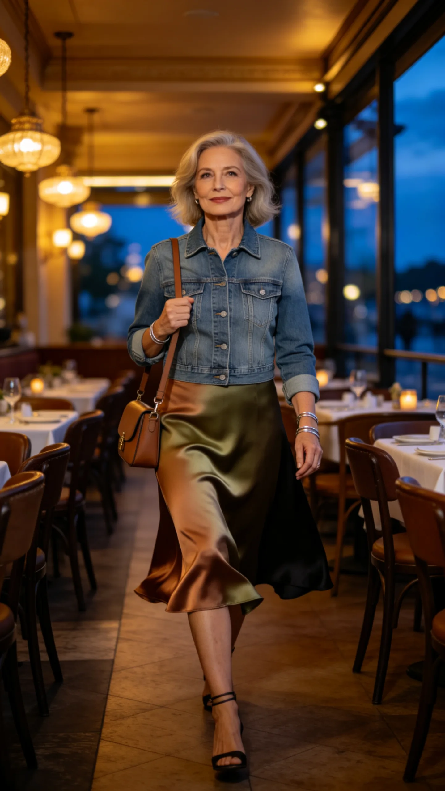 17. Satin Midi Skirt With a Denim Jacket and Boots