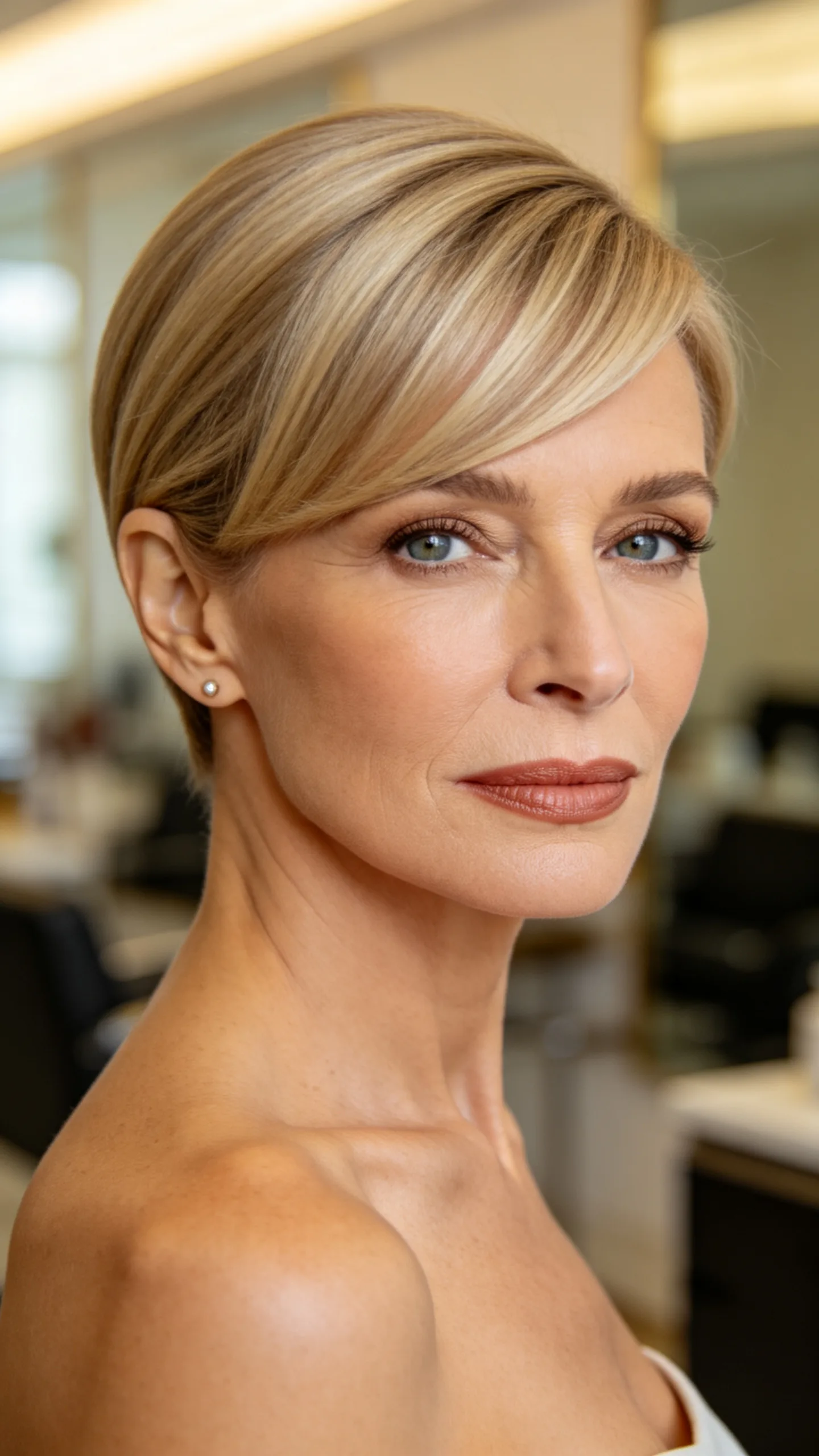 17. Sleek Pixie with Tucked Sides and Long Fringe