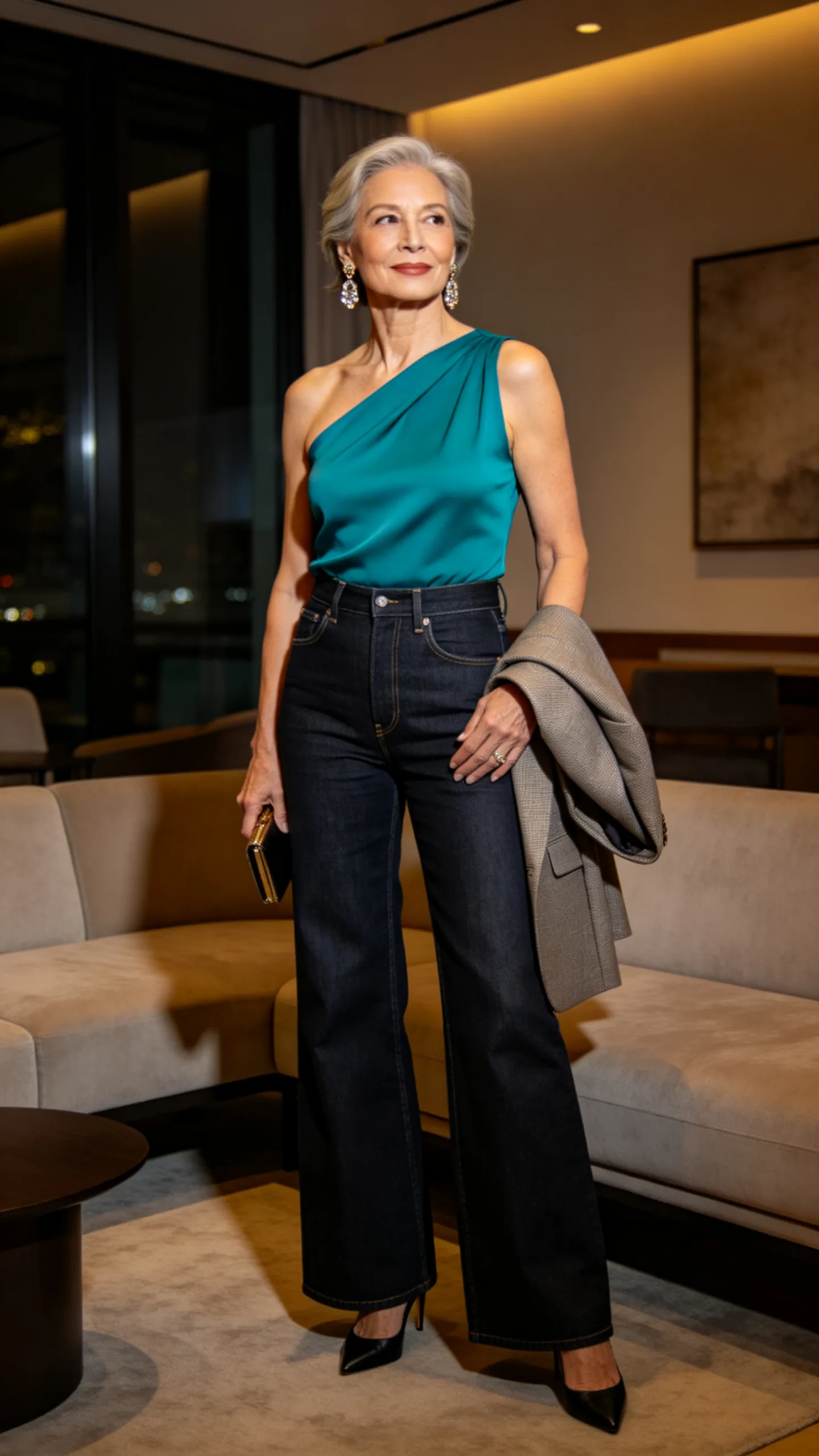22. A One-Shoulder Top With Wide-Leg Jeans