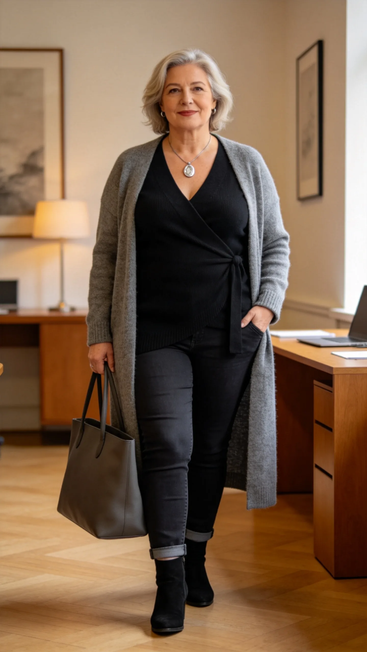 20. Black Wrap Top With a Long Cardigan