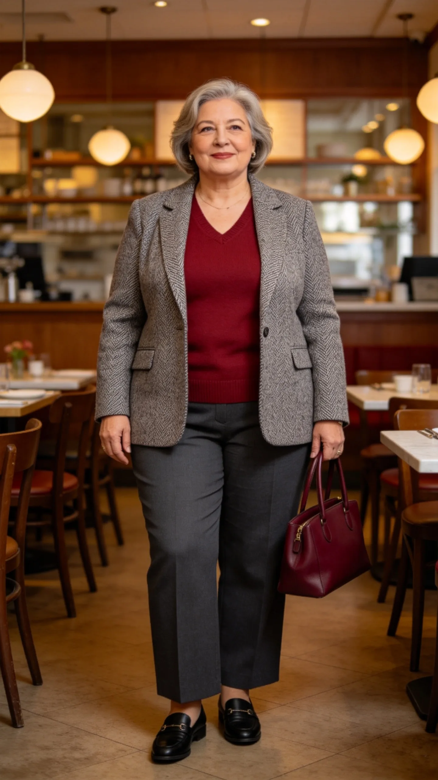 5. Burgundy Sweater With Gray Trousers