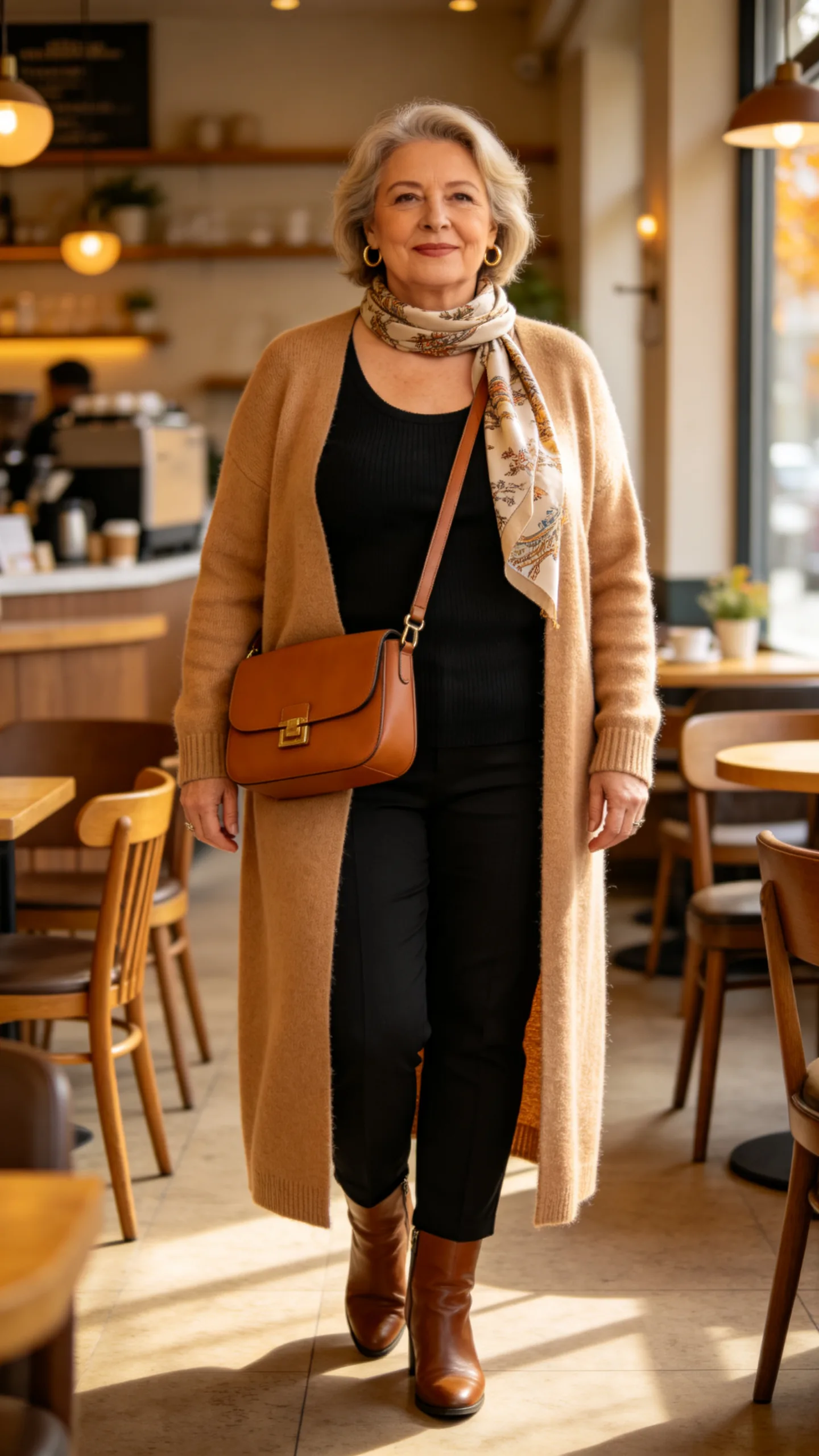 1. Camel Cardigan Over a Black Column