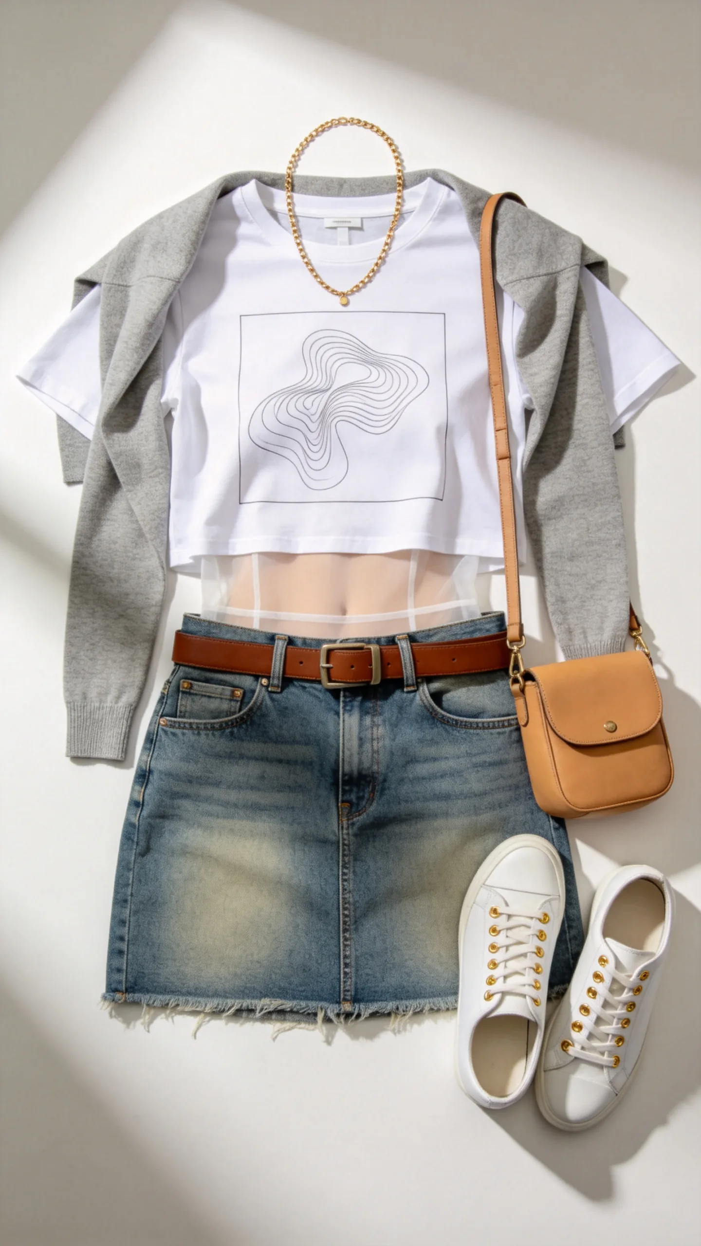 1. Classic Denim Mini Skirt with White Graphic Tee