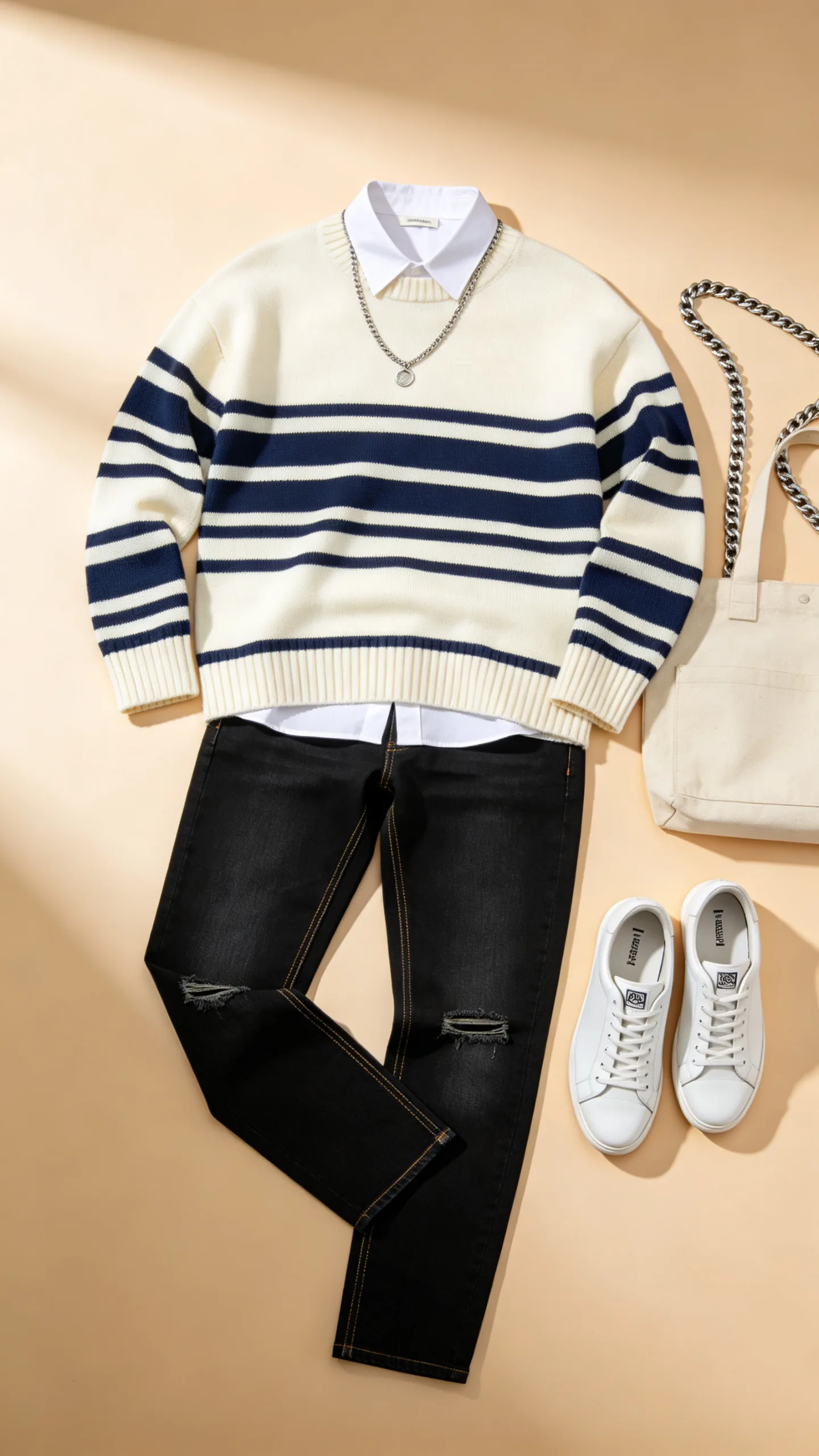 1. Classroom Casual: High-Waisted Black Jeans with a Striped Sweater