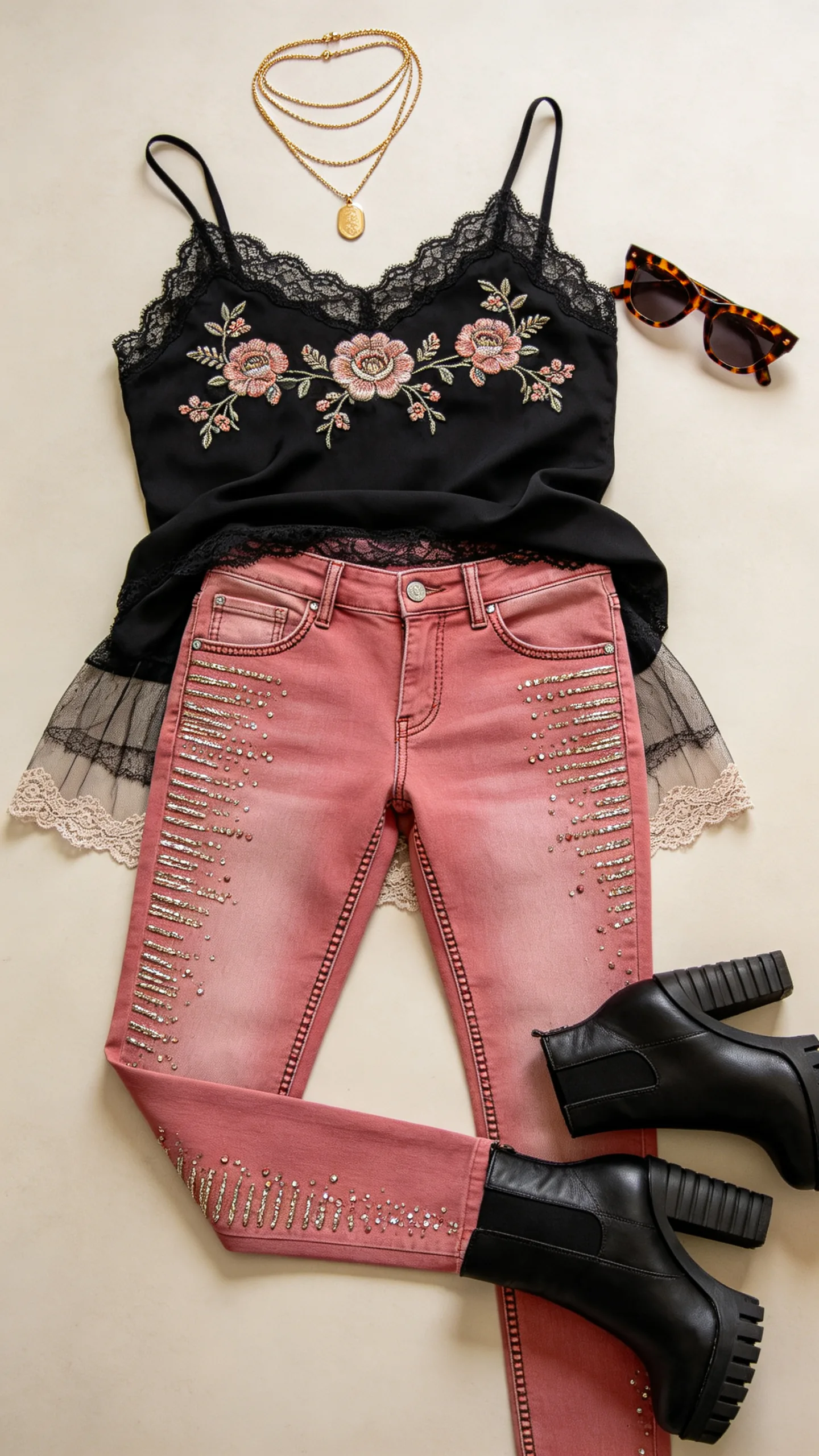 2. Black Lace Camisole with Hot Pink Embellished Skinny Jeans