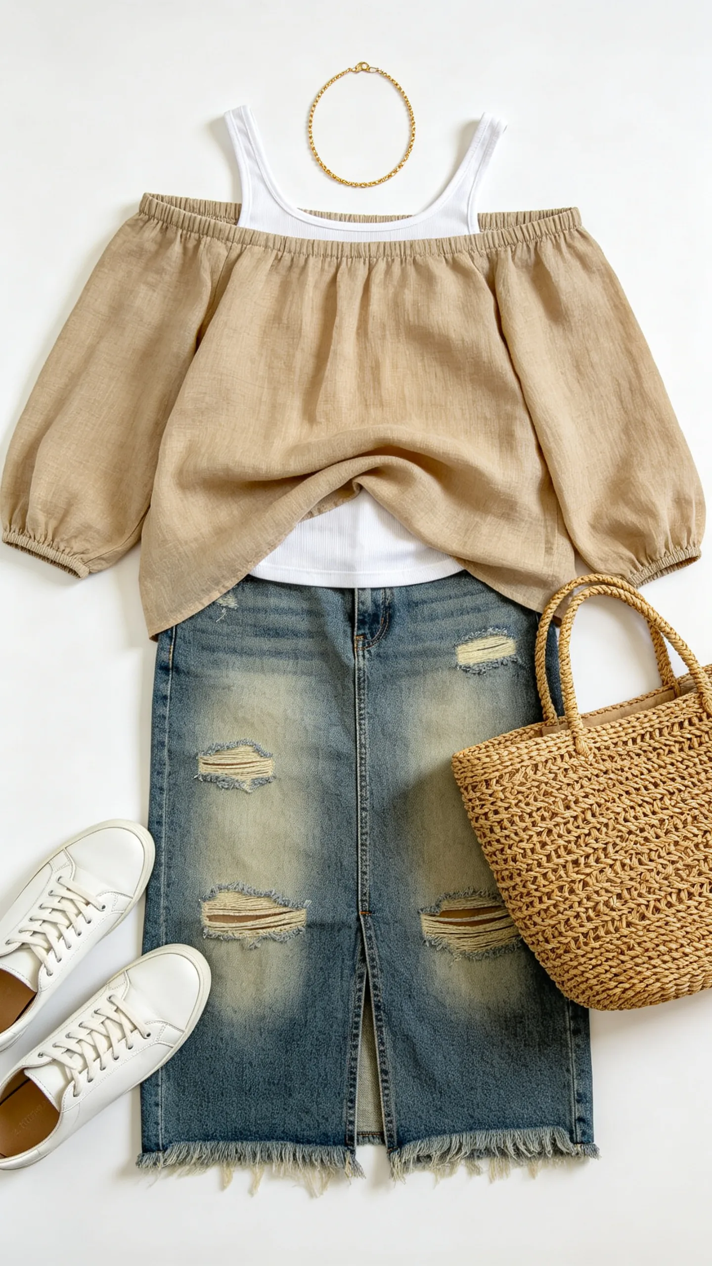 2. Distressed Midi Jeans Skirt and Off-the-Shoulder Linen Top