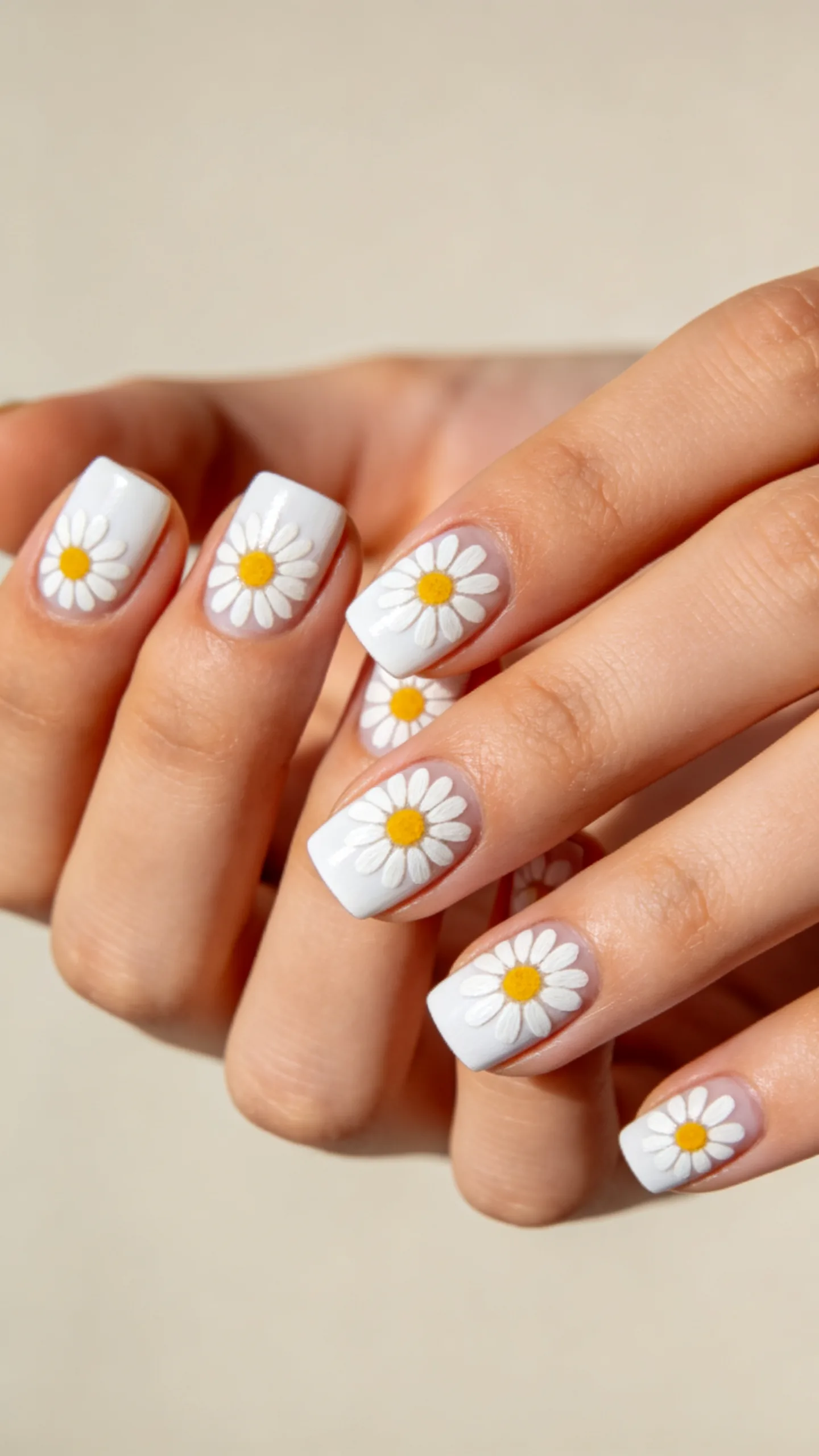 2. Hand-Painted White Daisies on Short Square Nails