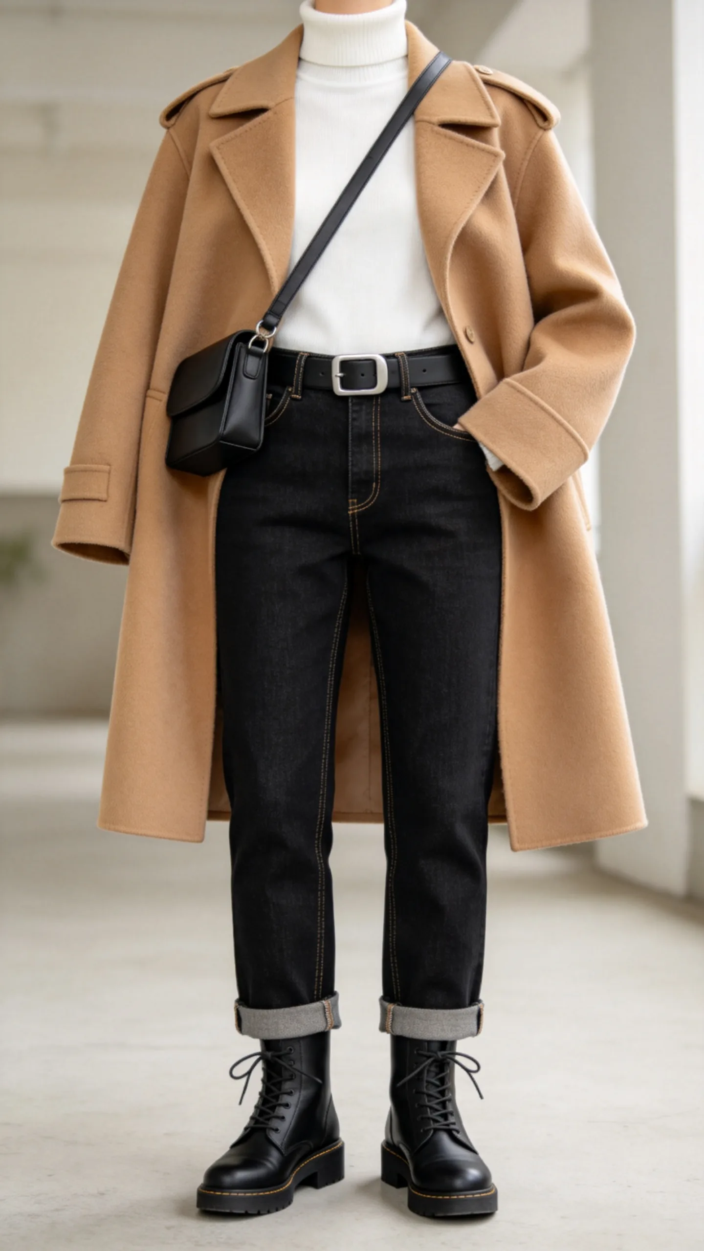 2. Winter Tailoring: Straight-Leg Black Jeans with a Camel Coat and Black Boots