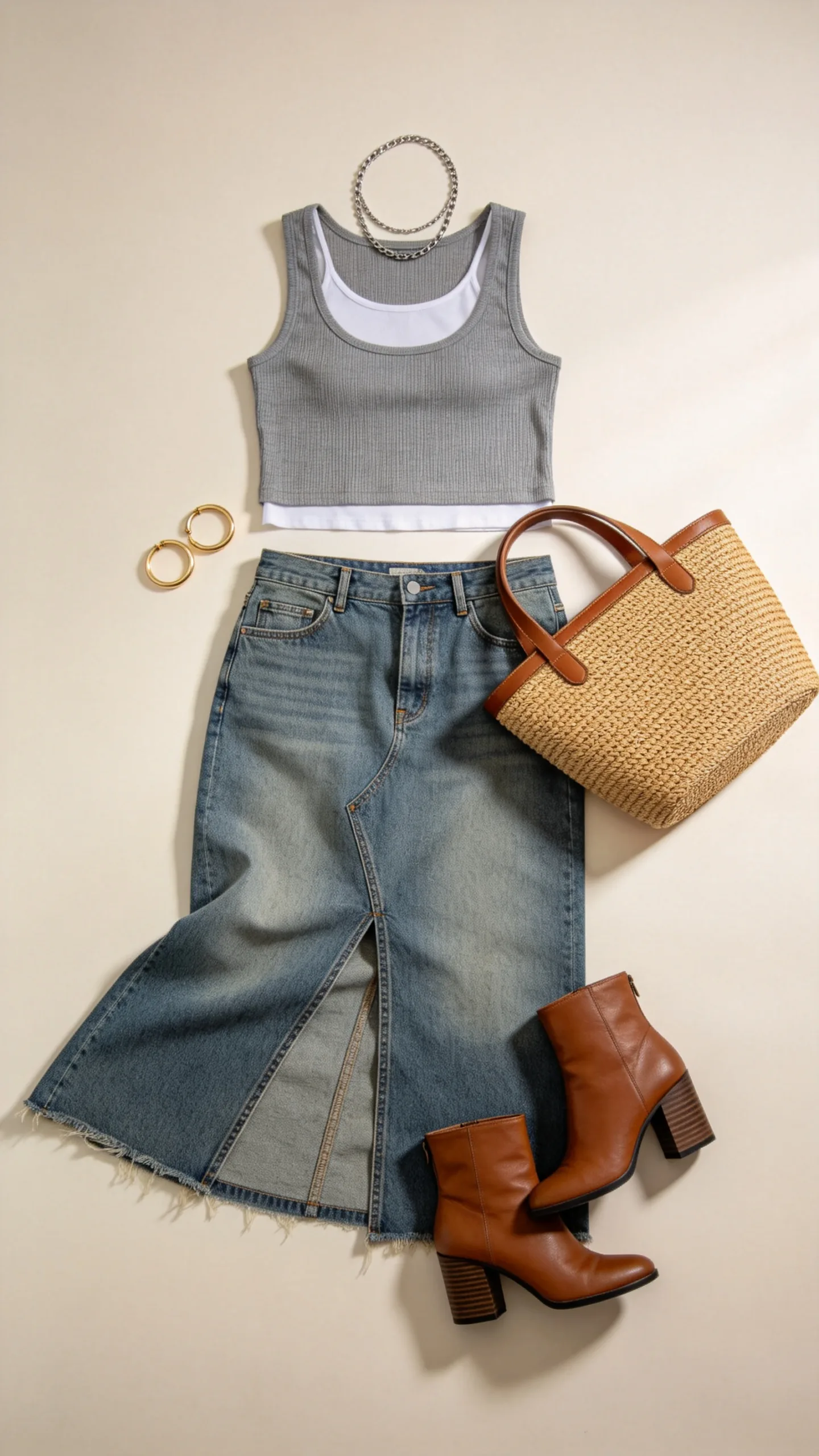 3. Long Denim Maxi Skirt with Fitted Ribbed Crop Top