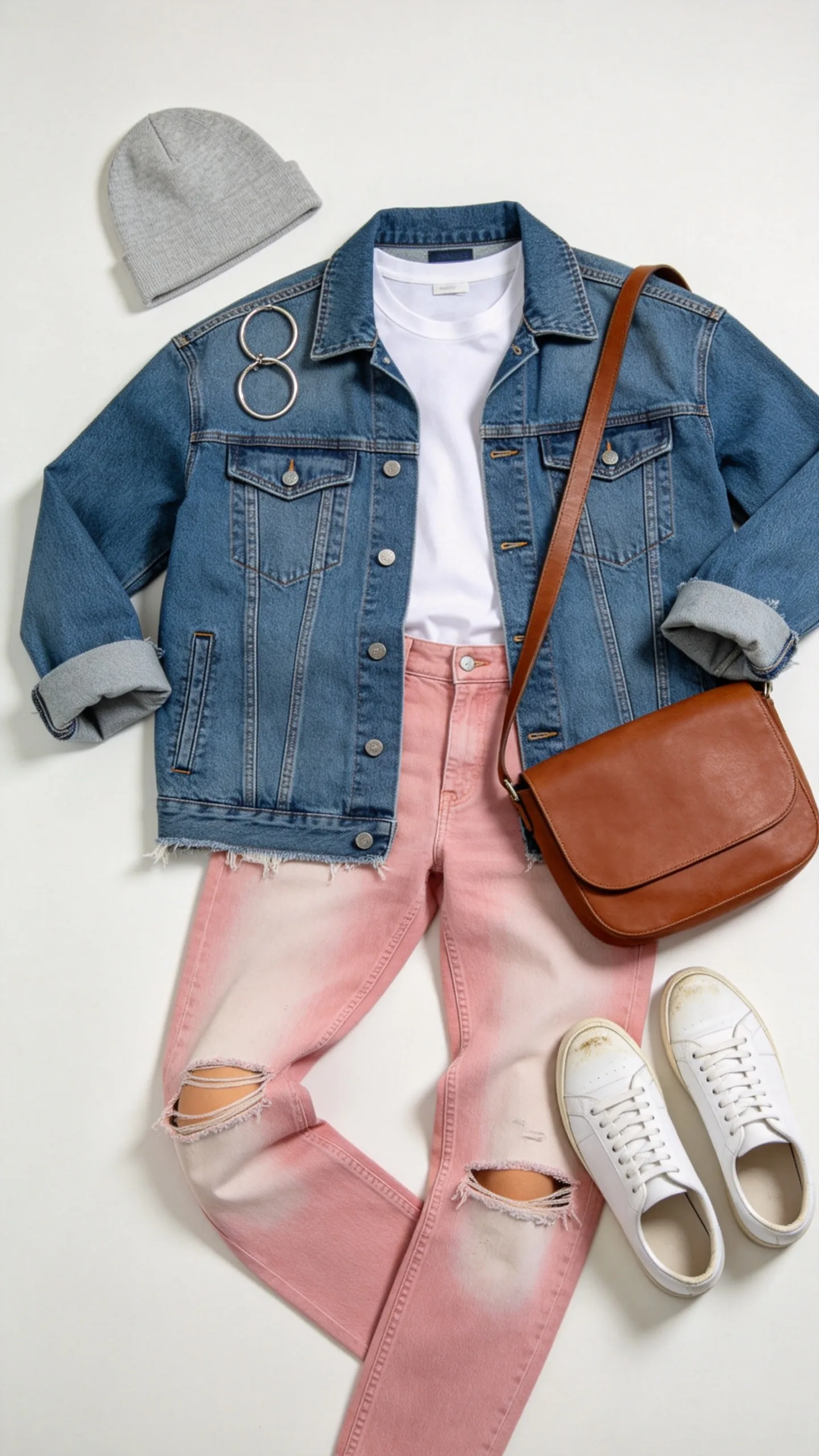 3. Oversized Denim Jacket and Pastel Pink Distressed Denim
