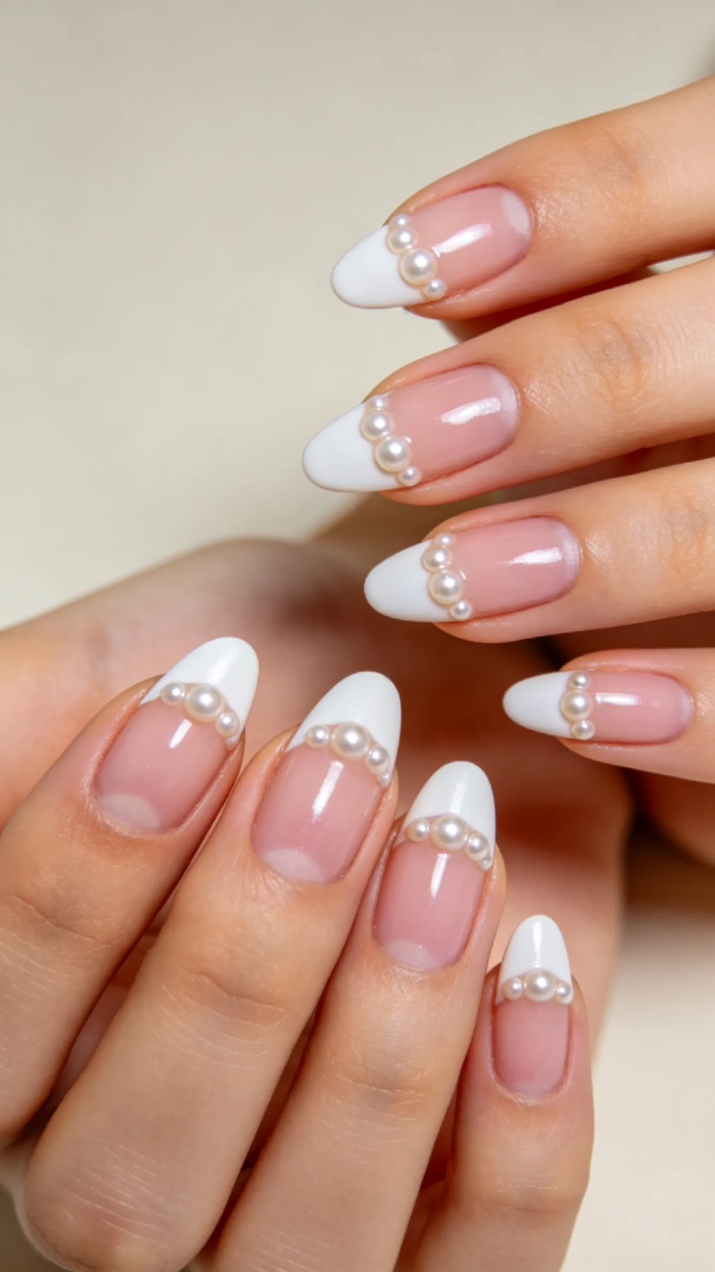 3. Pearl Embellished Almond French Tips