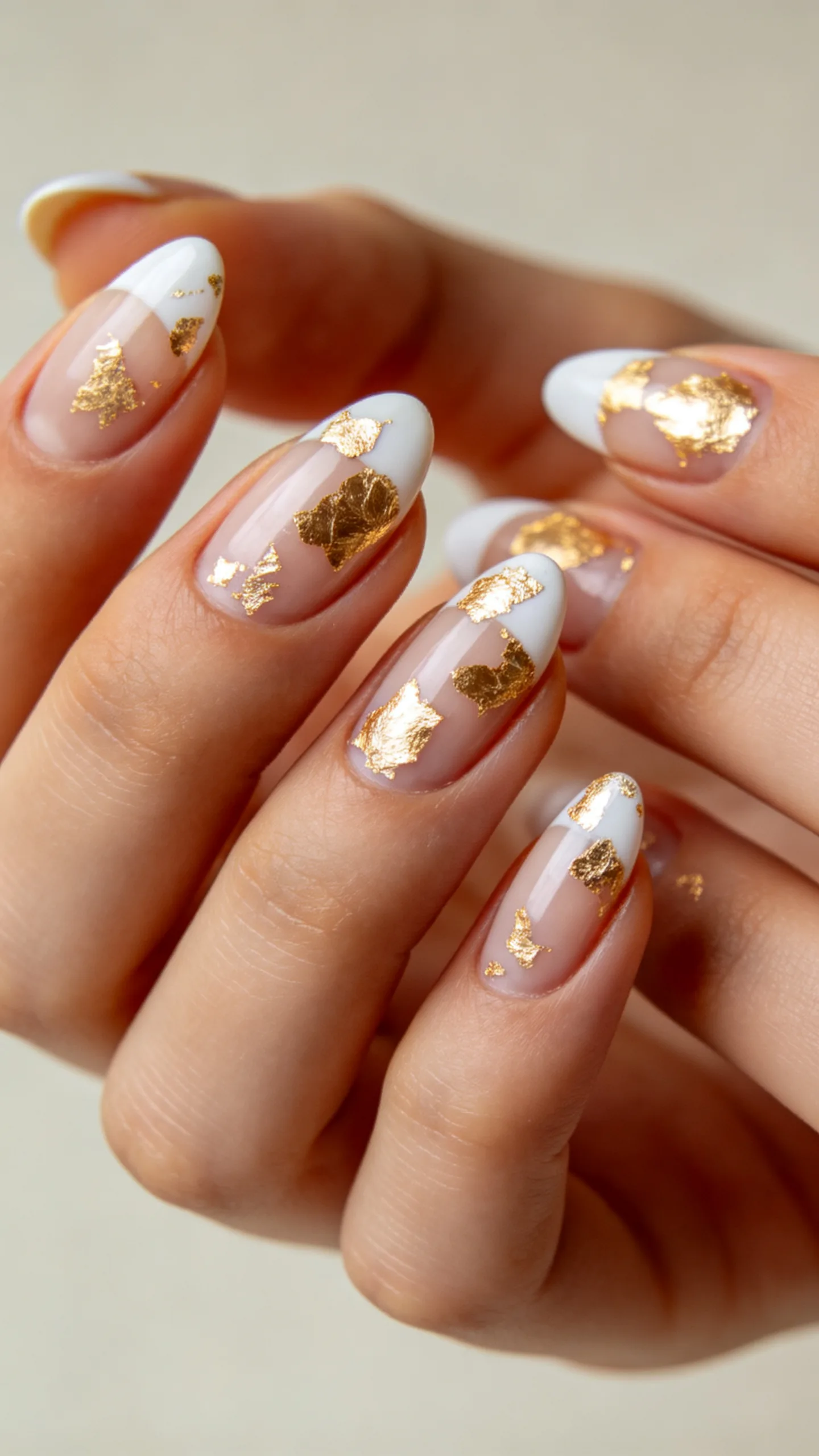 4. Asymmetric Gold Foil Flakes on Oval Nails