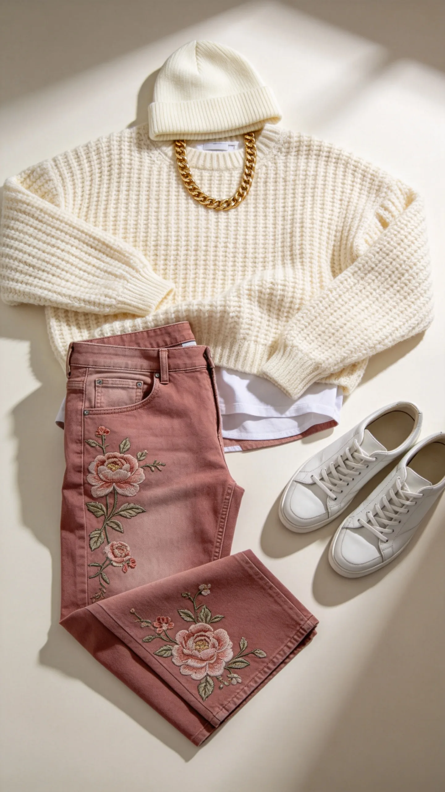 4. Chunky Knit Cream Sweater with Dusty Rose Embroidered Jeans
