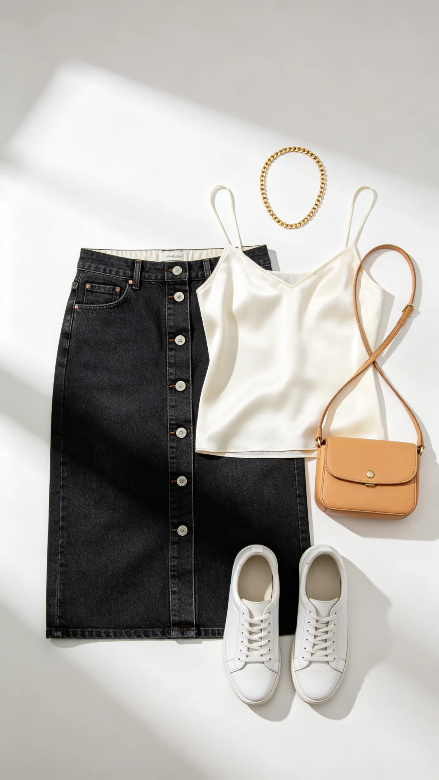 4. Dark Wash Button-Front Jeans Skirt with Silk Camisole