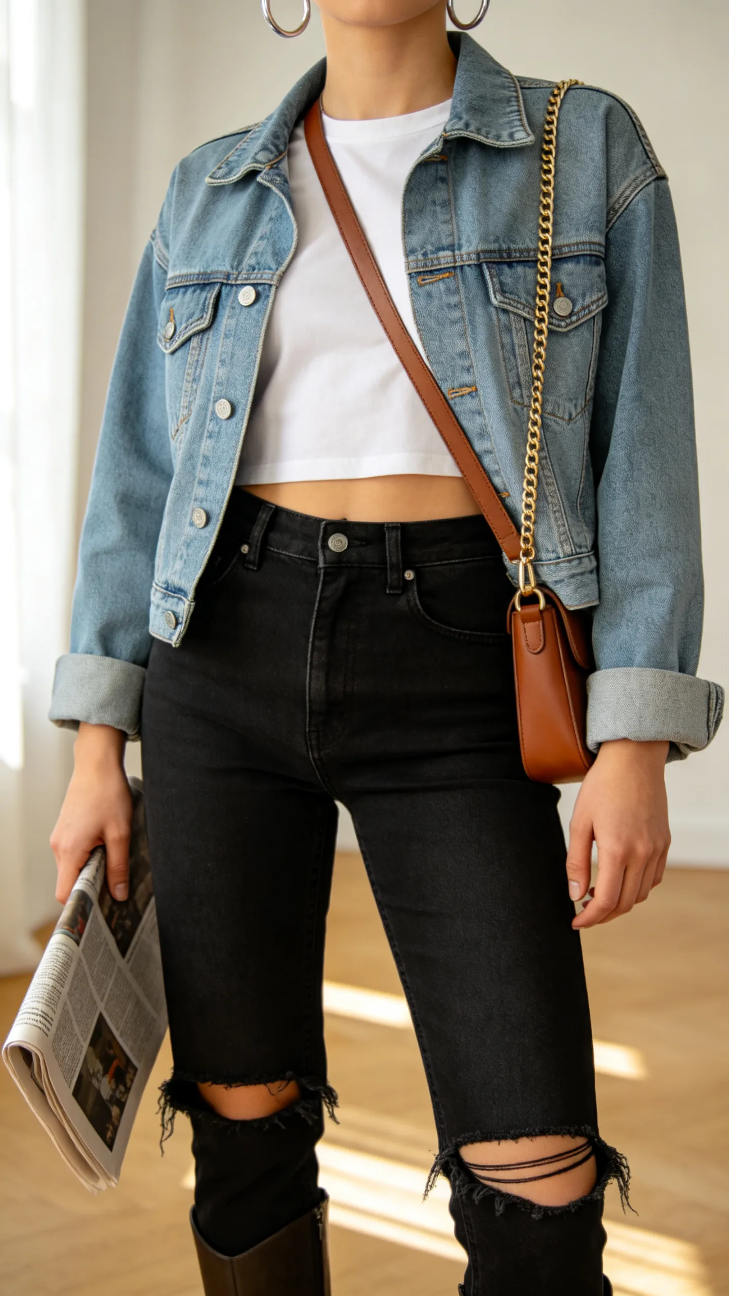 4. Weekend Errands: Distressed Black Jeans with a Denim Jacket and White Tee