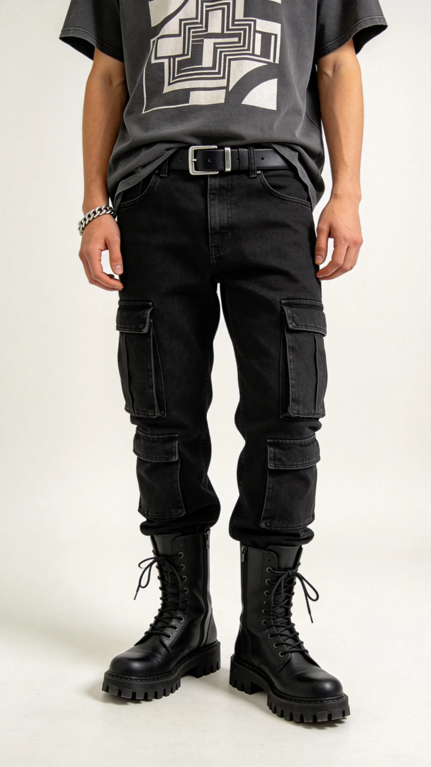 5. Edgy Streetwear: Black Utility Cargo Jeans with a Graphic Tee and Combat Boots