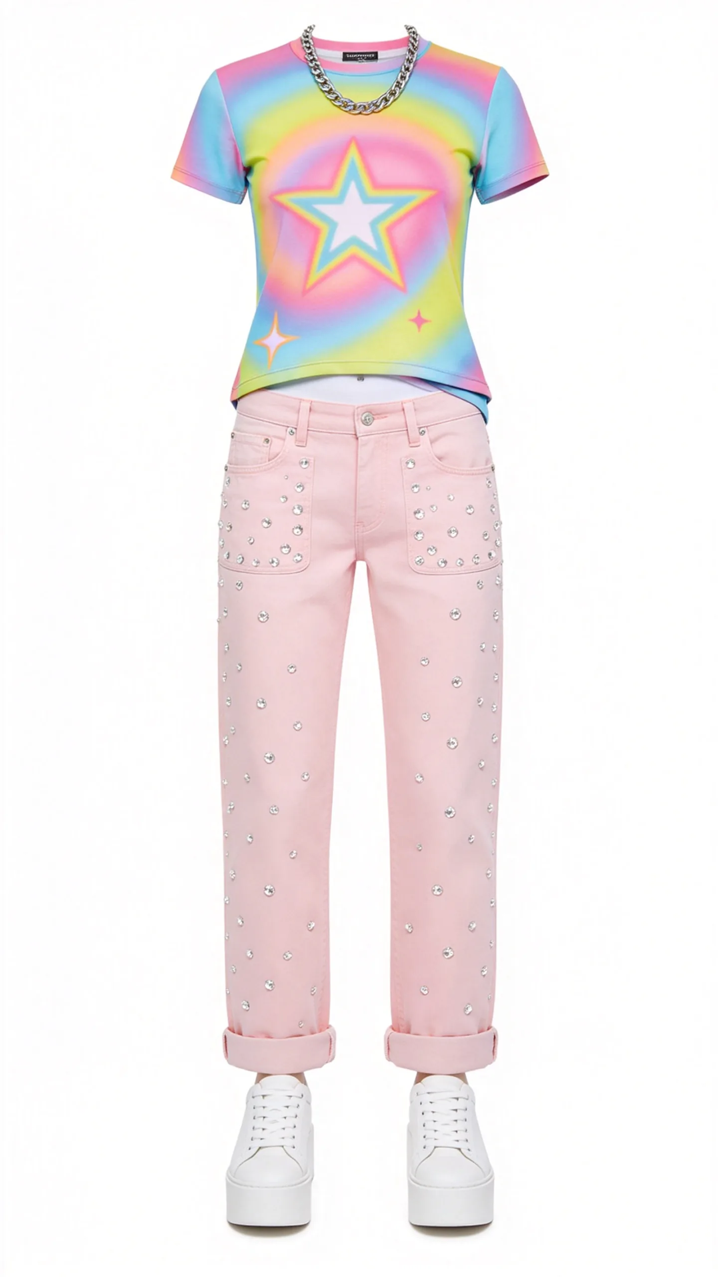 5. Graphic Y2K Baby Tee and Light Pink Crystal-Pocket Jeans