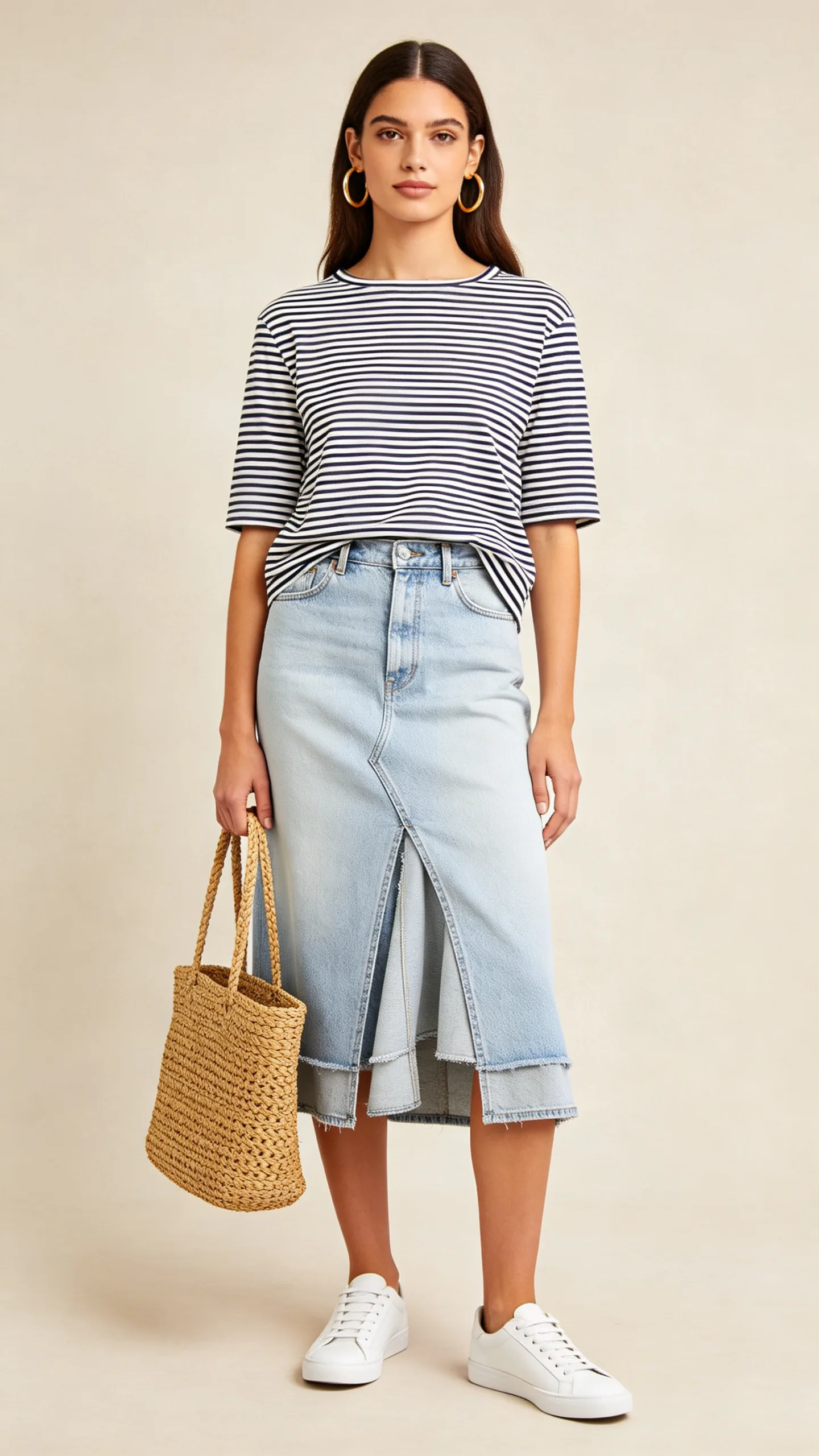 5. Light Wash A-Line Jeans Skirt with Striped Breton Top