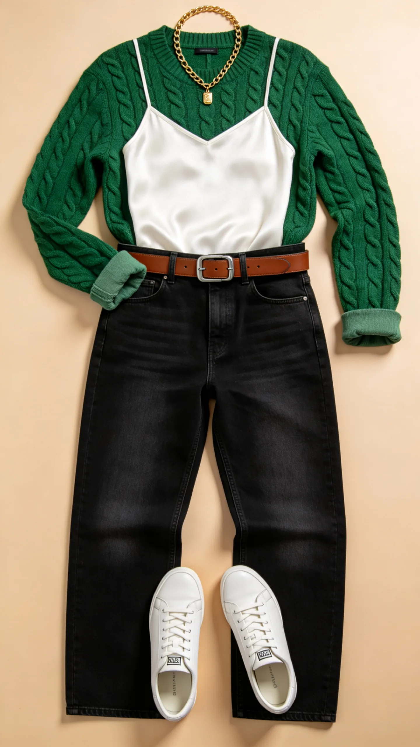 6. Pop of Rich Color: Wide-Leg Black Jeans with an Emerald Green Cable Knit