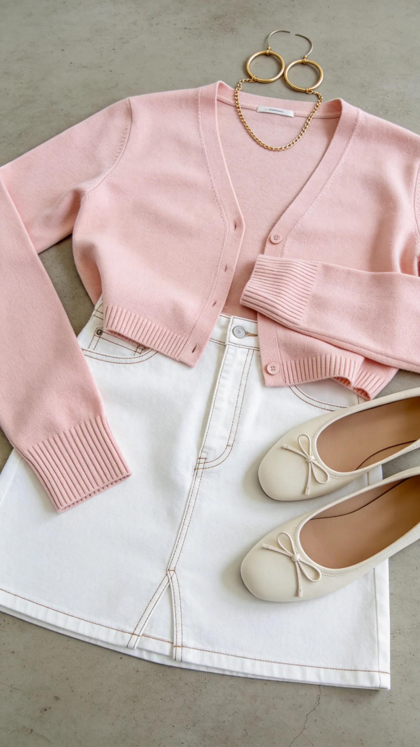 6. White Denim Skirt with Pastel Cardigan and Ballet Flats