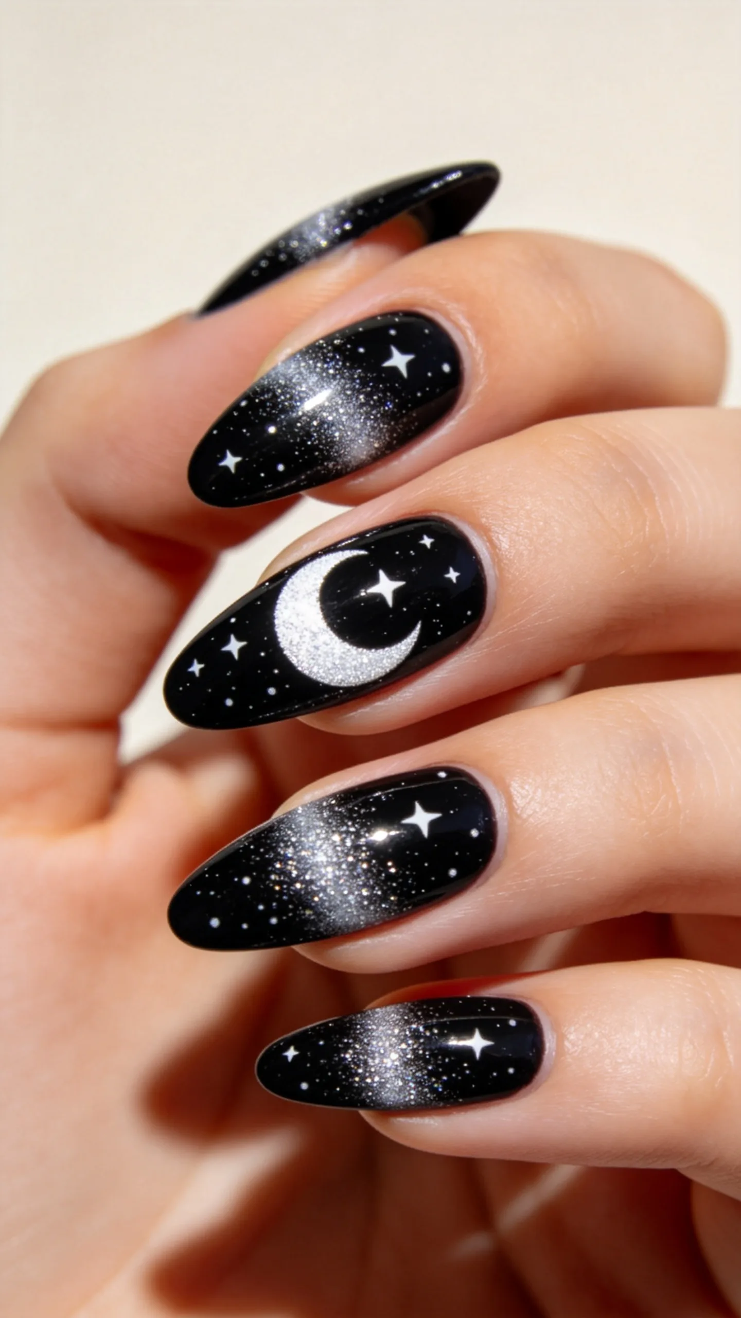 7. Celestial Starry Night Nails Ideas Black and White Glitter