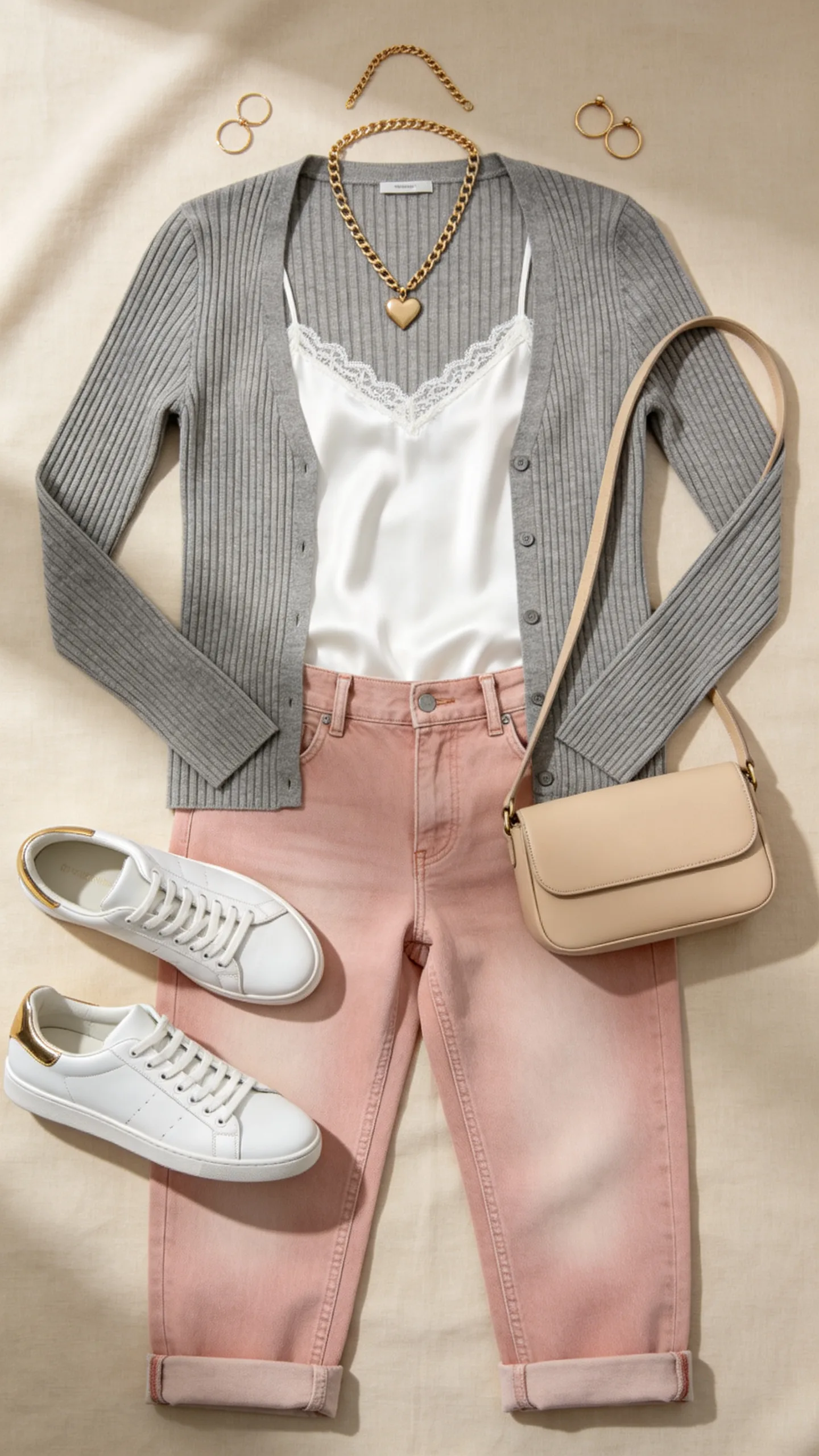 7. Fitted Ribbed Cardigan and Soft Pink Straight Leg Jeans