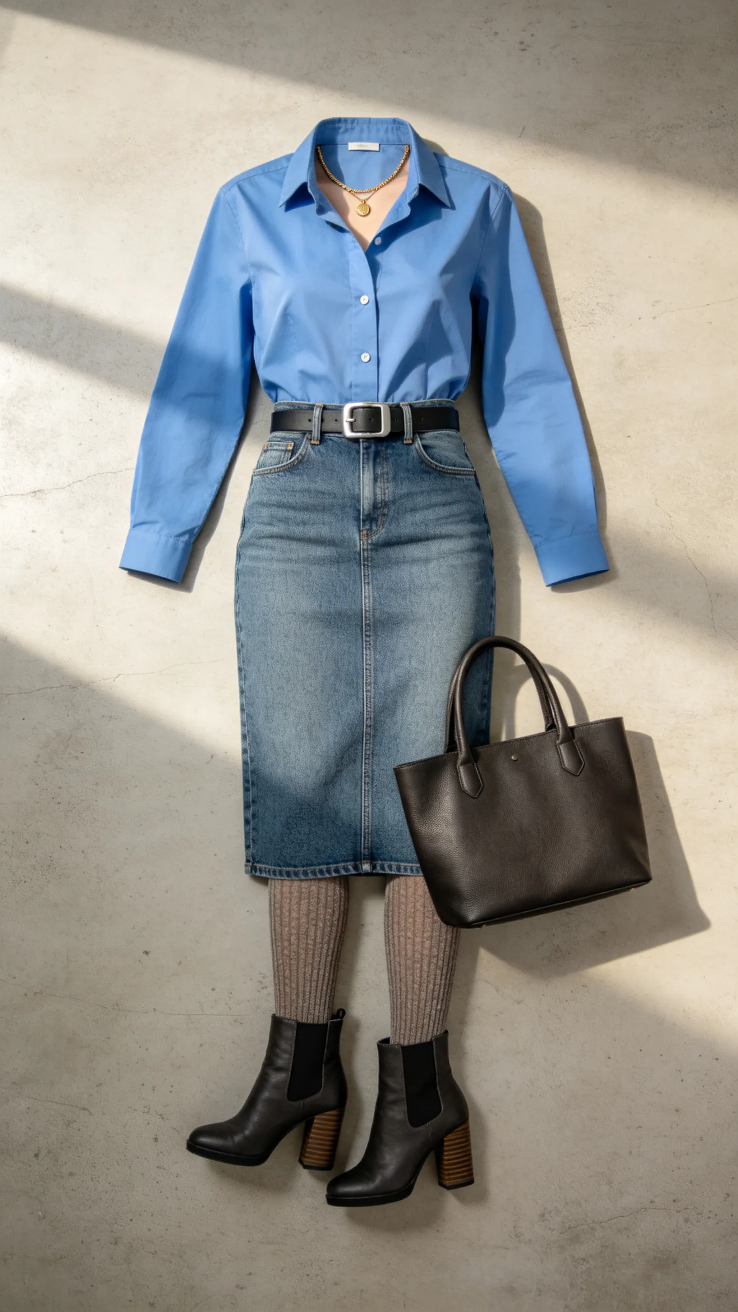 7. High-Waisted Denim Pencil Skirt with Crisp Blue Button-Down