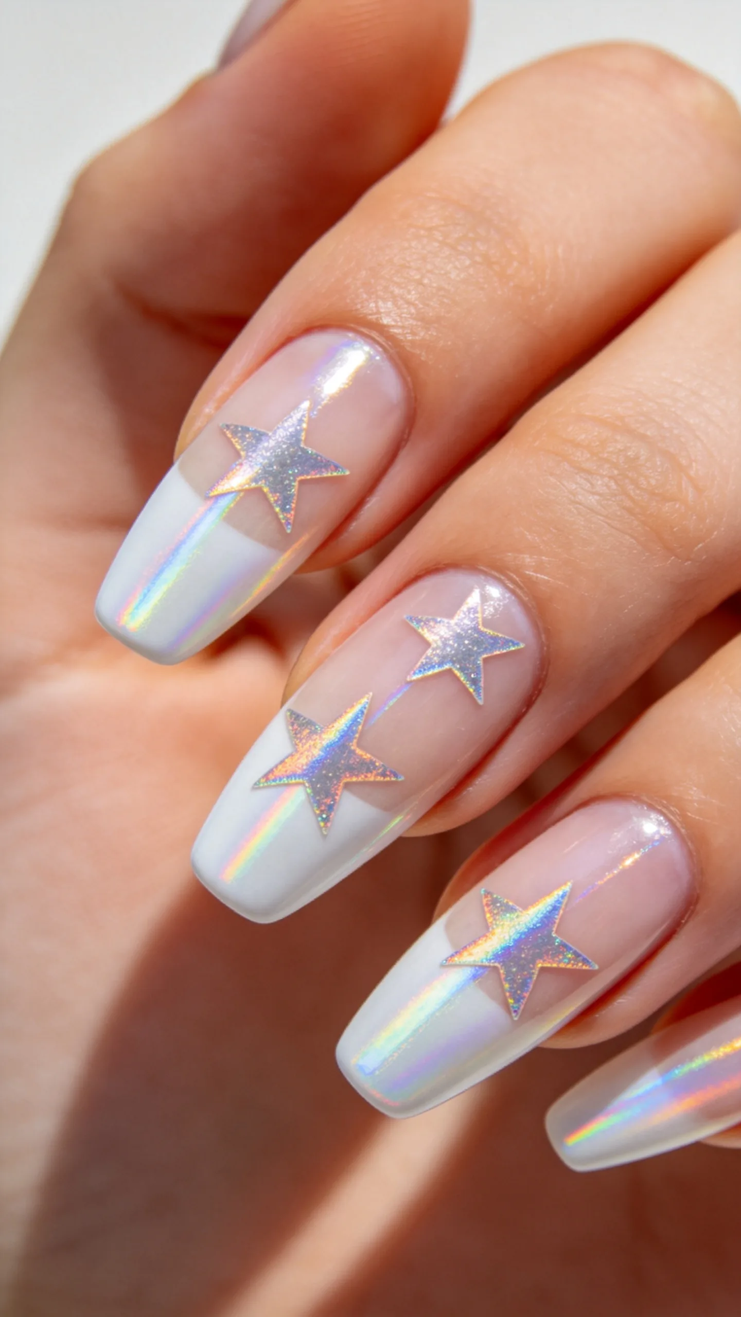 7. Holographic Star Decals on Coffin Nails