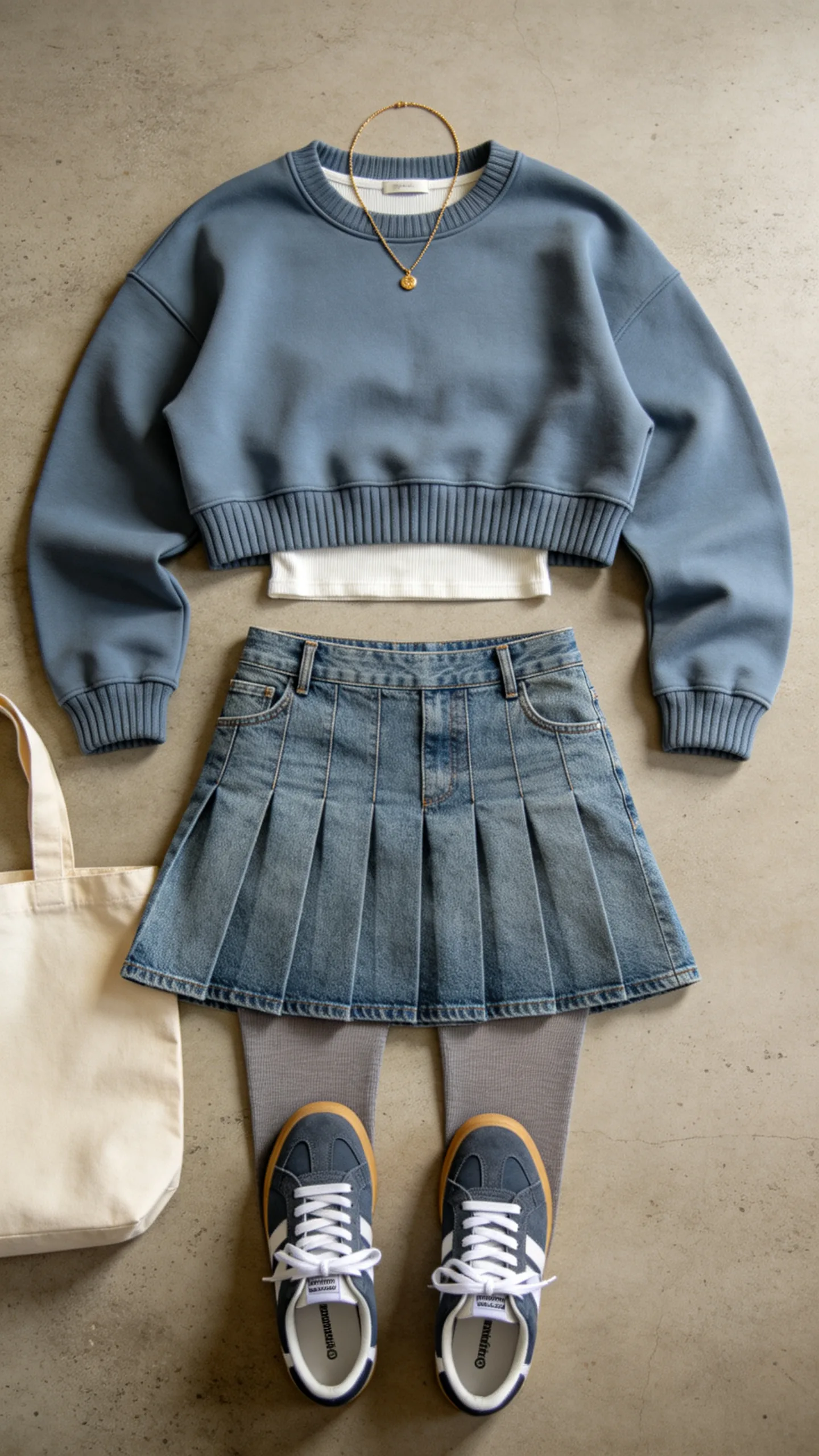 8. Pleated Denim Tennis Skirt with Cropped Sweatshirt and Sneakers