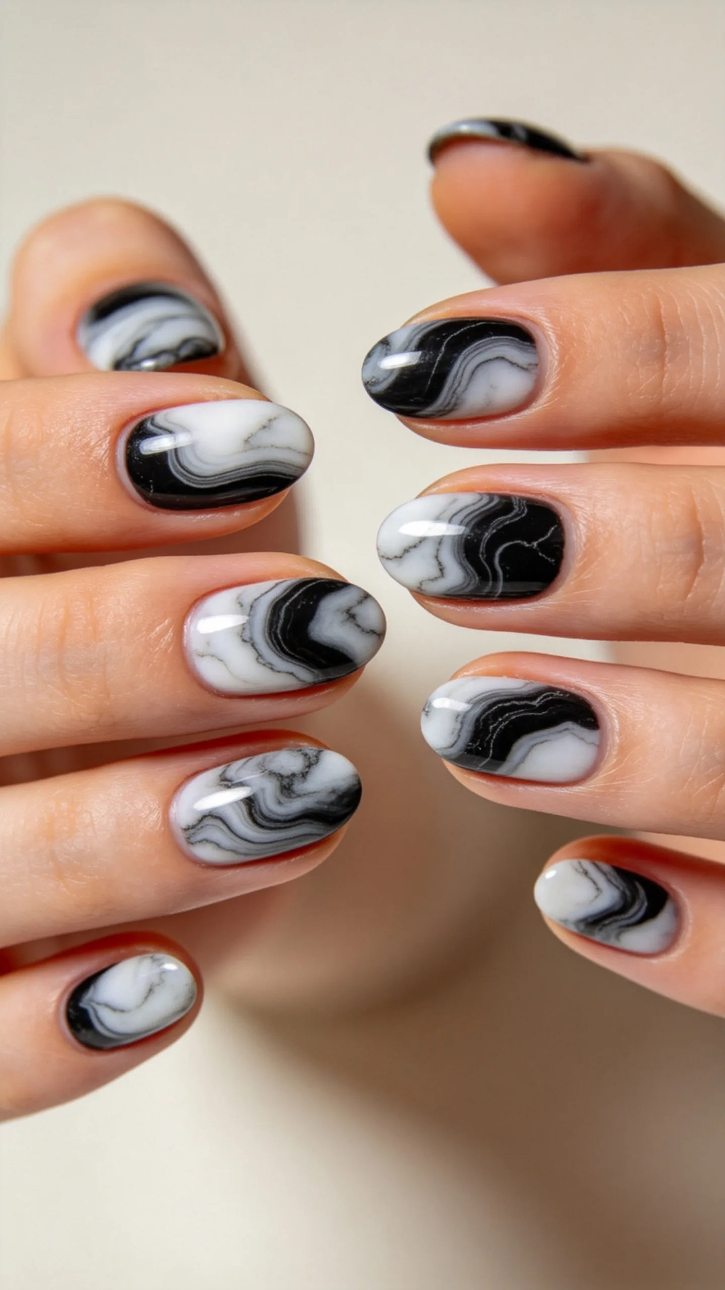 8. Swirling Marble Accent Nails on Oval Shape