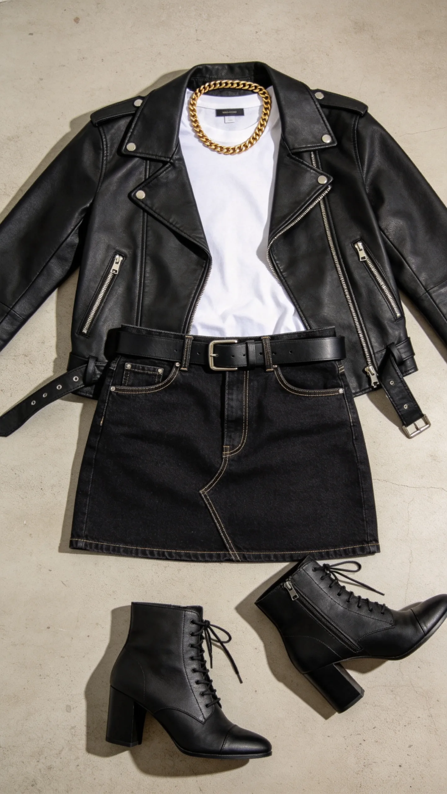 9. Black Denim Skirt with Leather Moto Jacket and Ankle Boots
