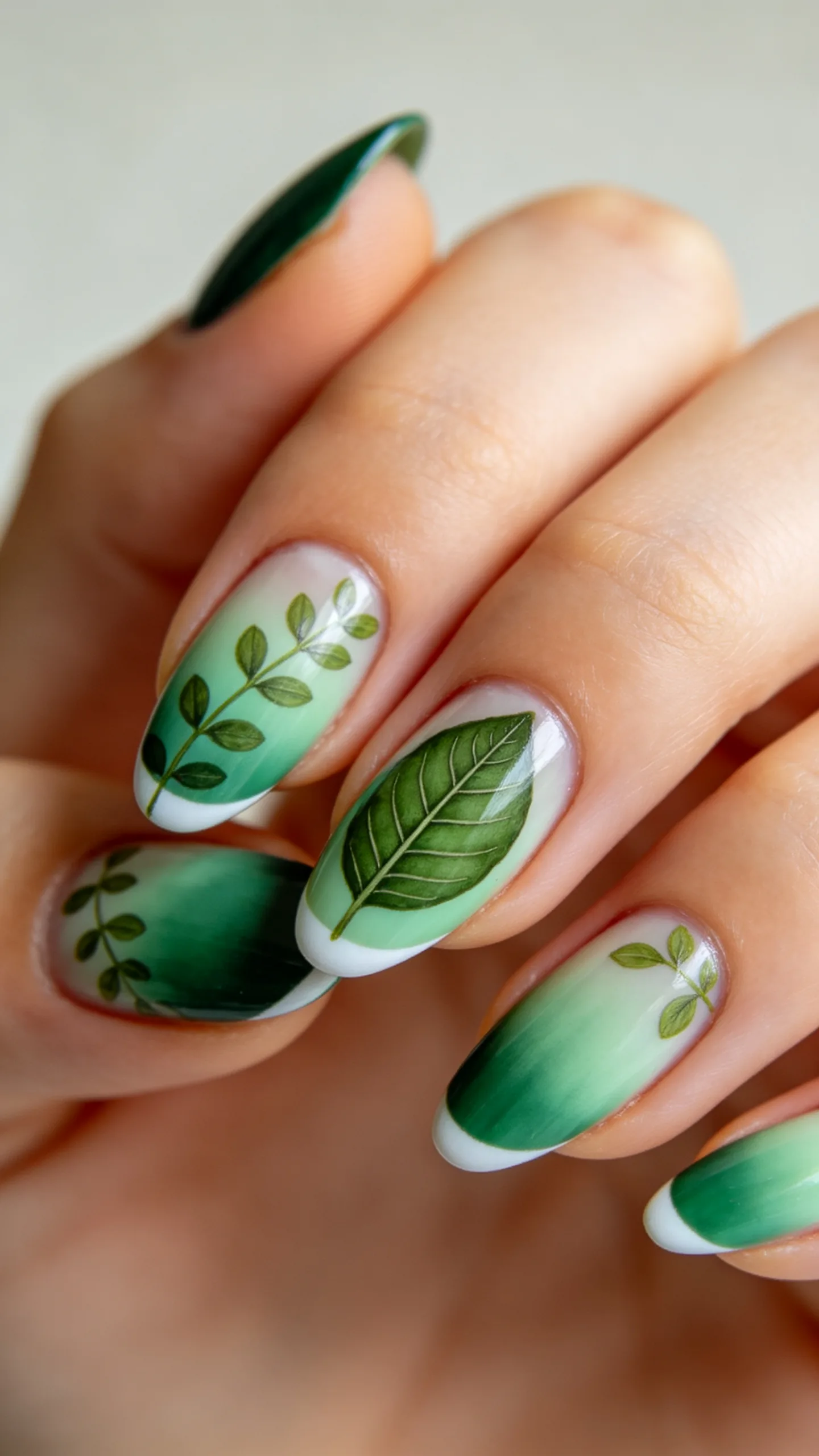 9. Botanical Green Leaf Art on Almond Nails