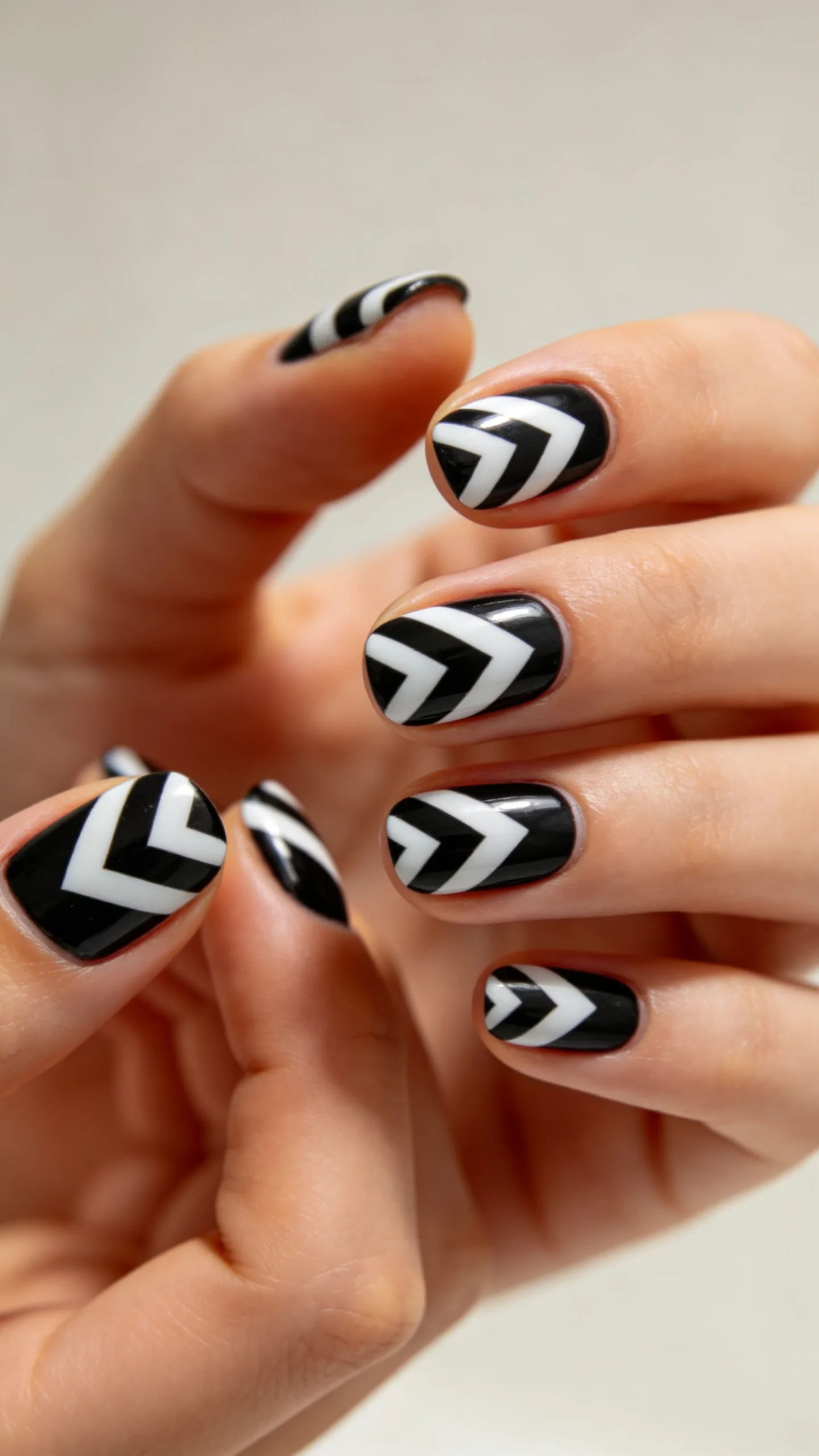 9. Chevron Striped Black and White Short Nails Ideas