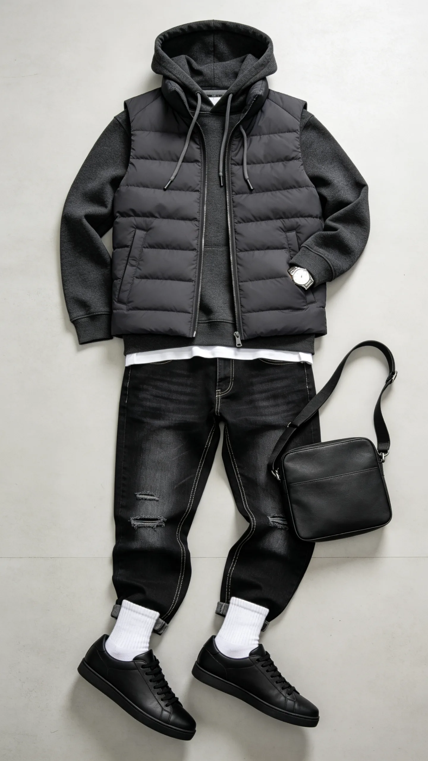 9. Monochromatic Athleisure: Charcoal Black Jeans with a Hoodie and Puffer Vest