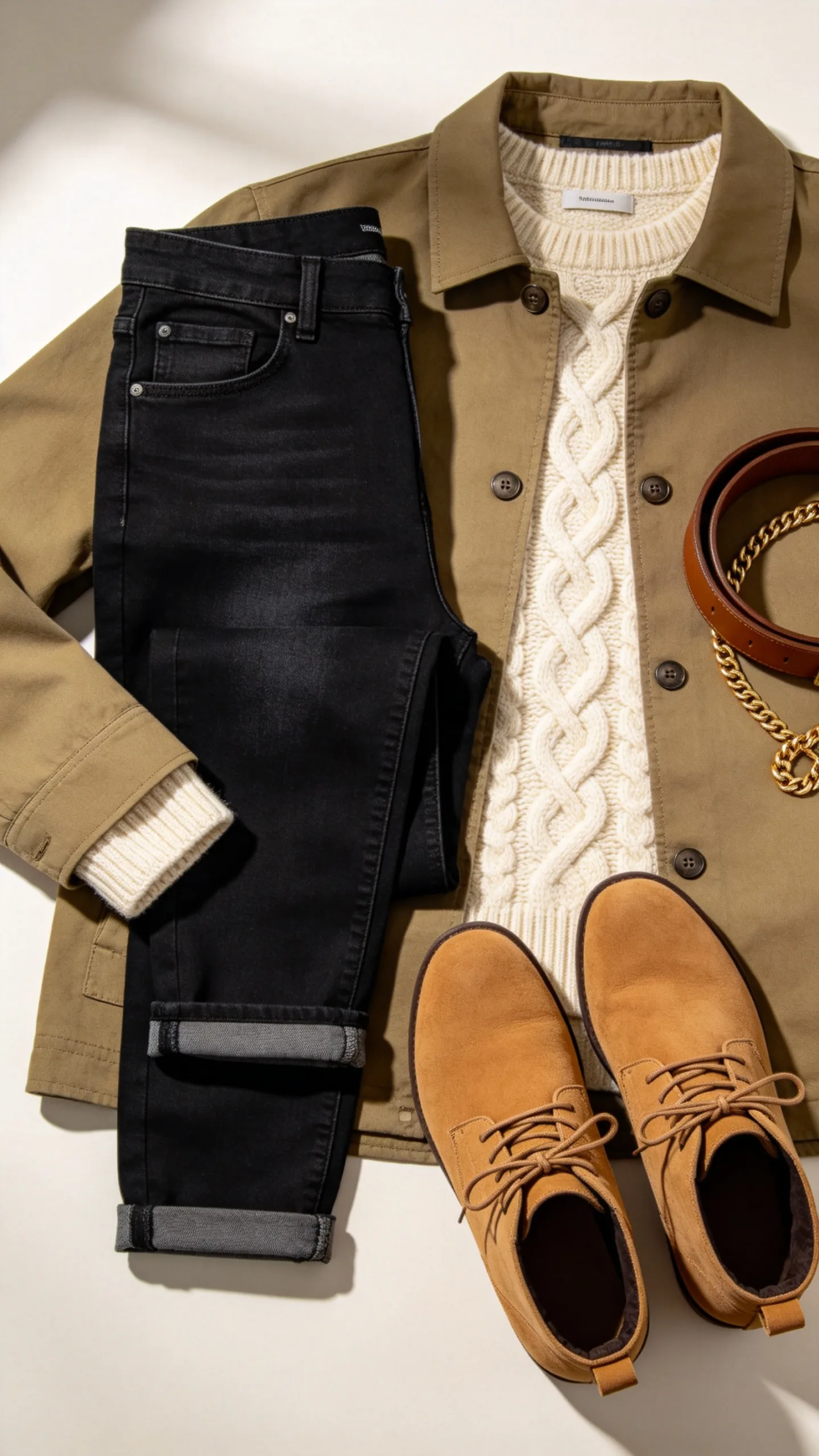 10. Autumn Layers: Black Ankle Jeans with a Khaki Shacket and Suede Booties