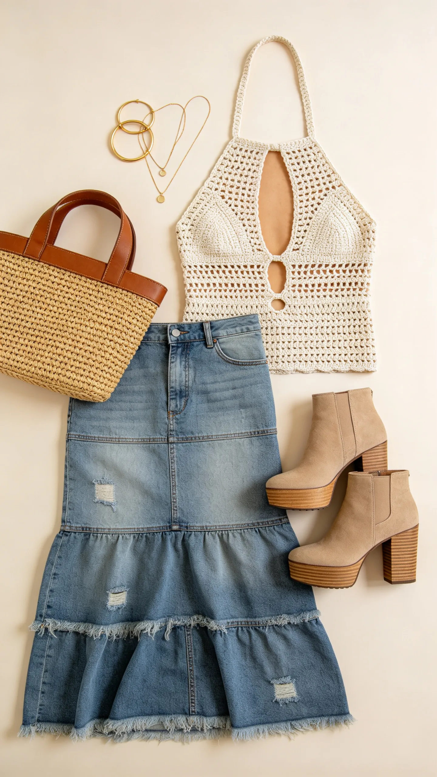 10. Tiered Long Jeans Skirt with Crochet Halter Neck Top